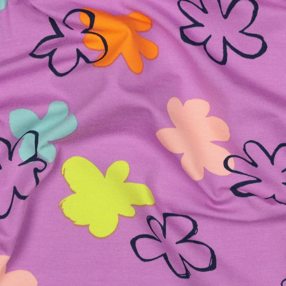 Baumwolljersey mit gezeichneten Blumen - lila
