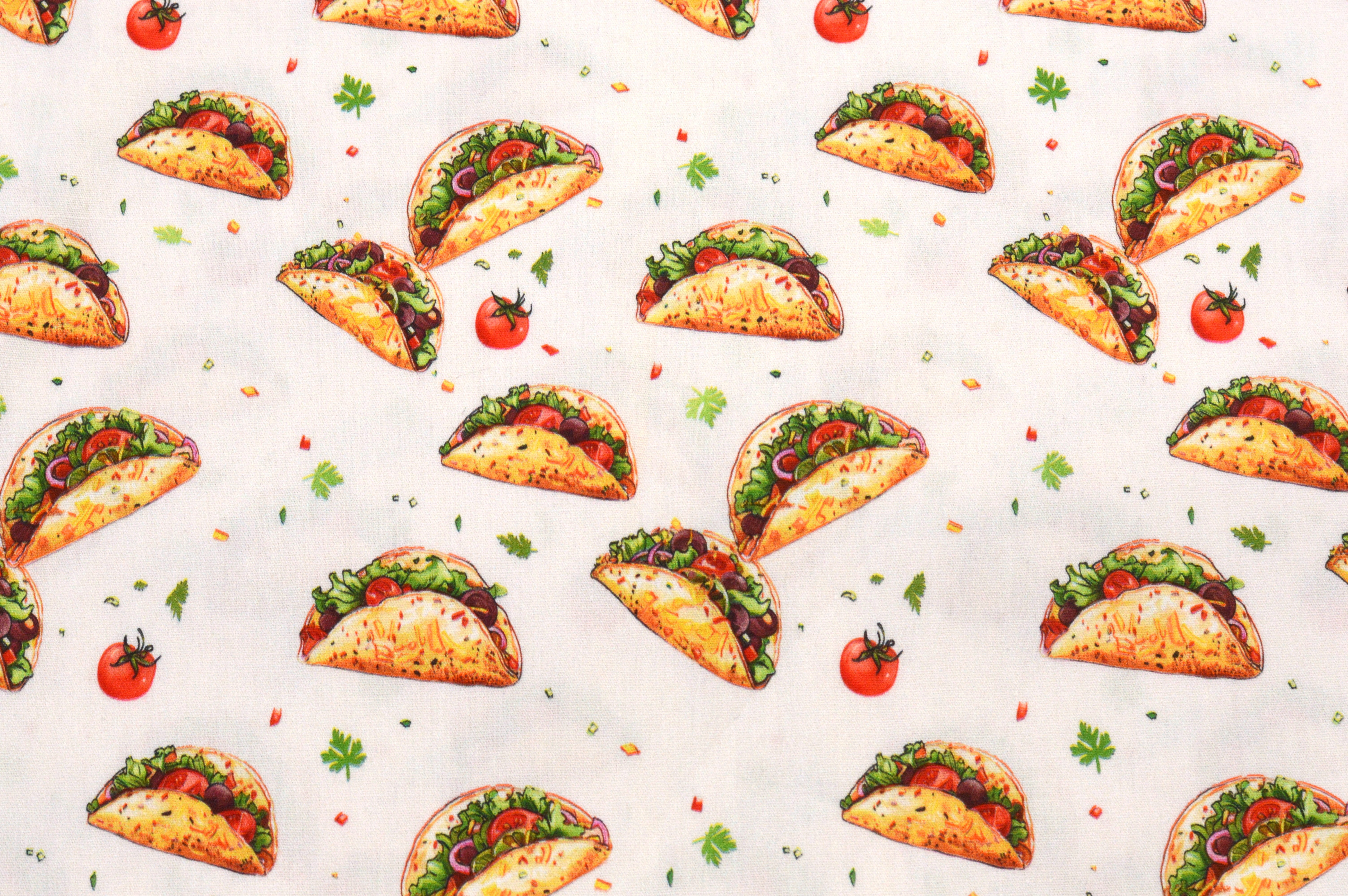 Baumwollstoff Digitaldruck Eigenproduktion mit Tacos und Tomaten - creme