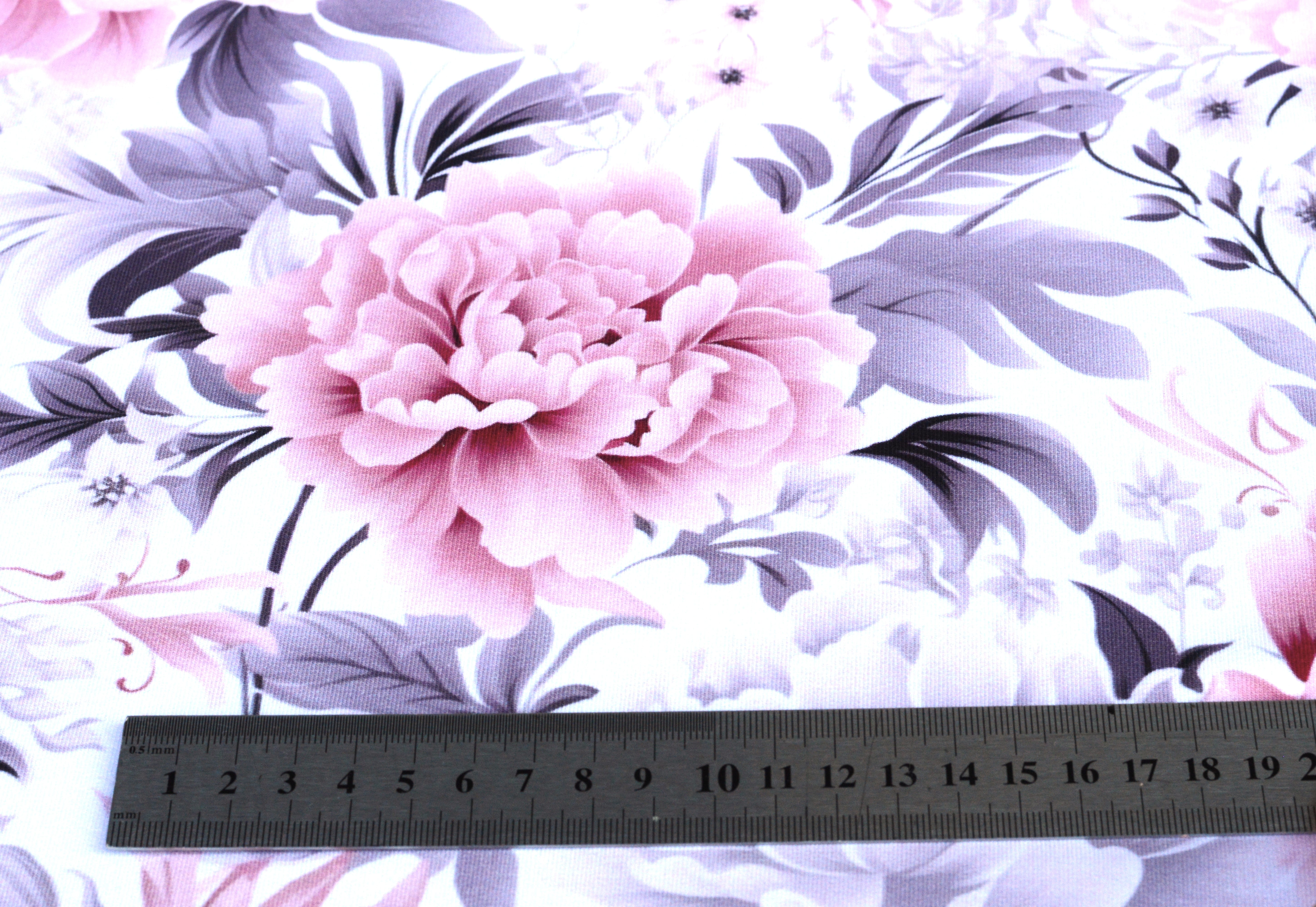 French Terry Digital Eigenproduktion "Vintage Blossom" mit rosa/grauen Pfingstrosen - ecru
