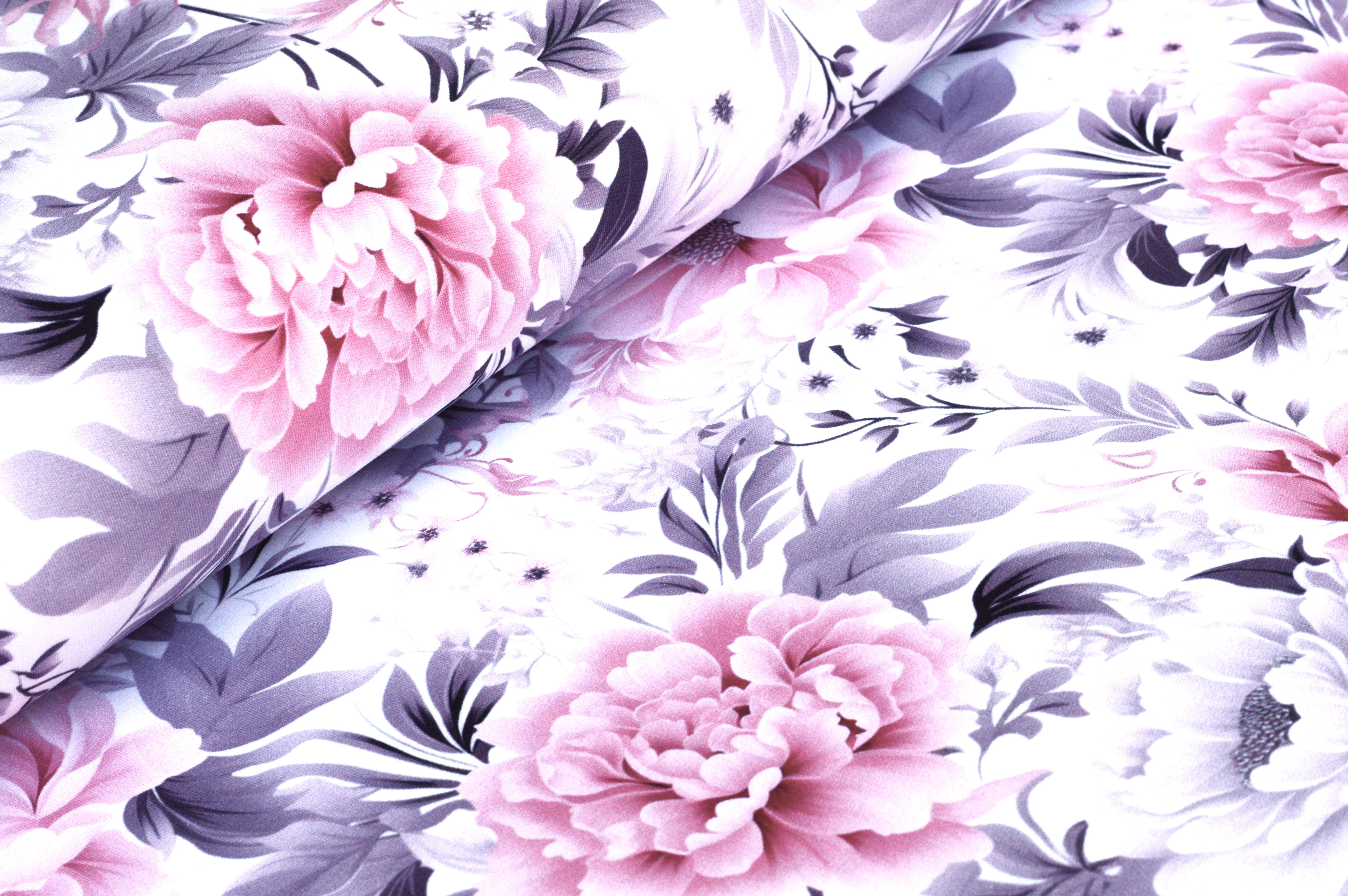 French Terry Digital Eigenproduktion "Vintage Blossom" mit rosa/grauen Pfingstrosen - ecru