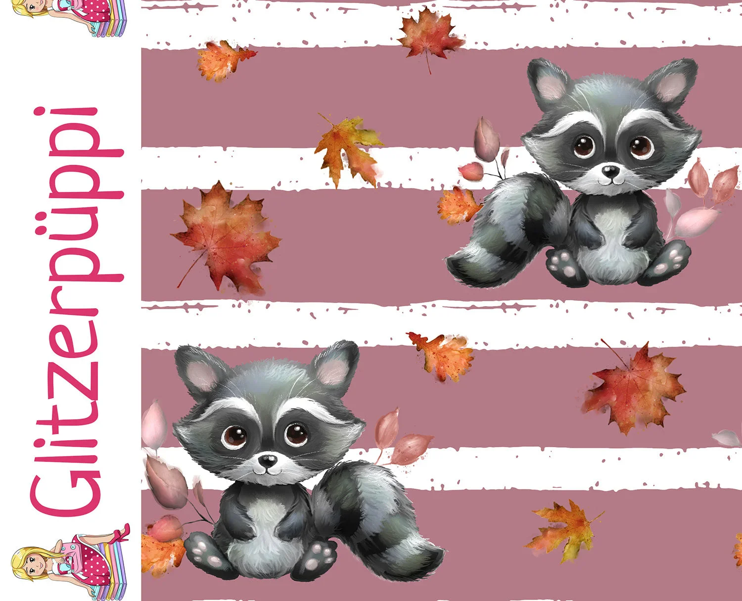 Glitzerpüppi French Terry Digital mit Waschbären und Herbstlaub - dunkelaltrosa