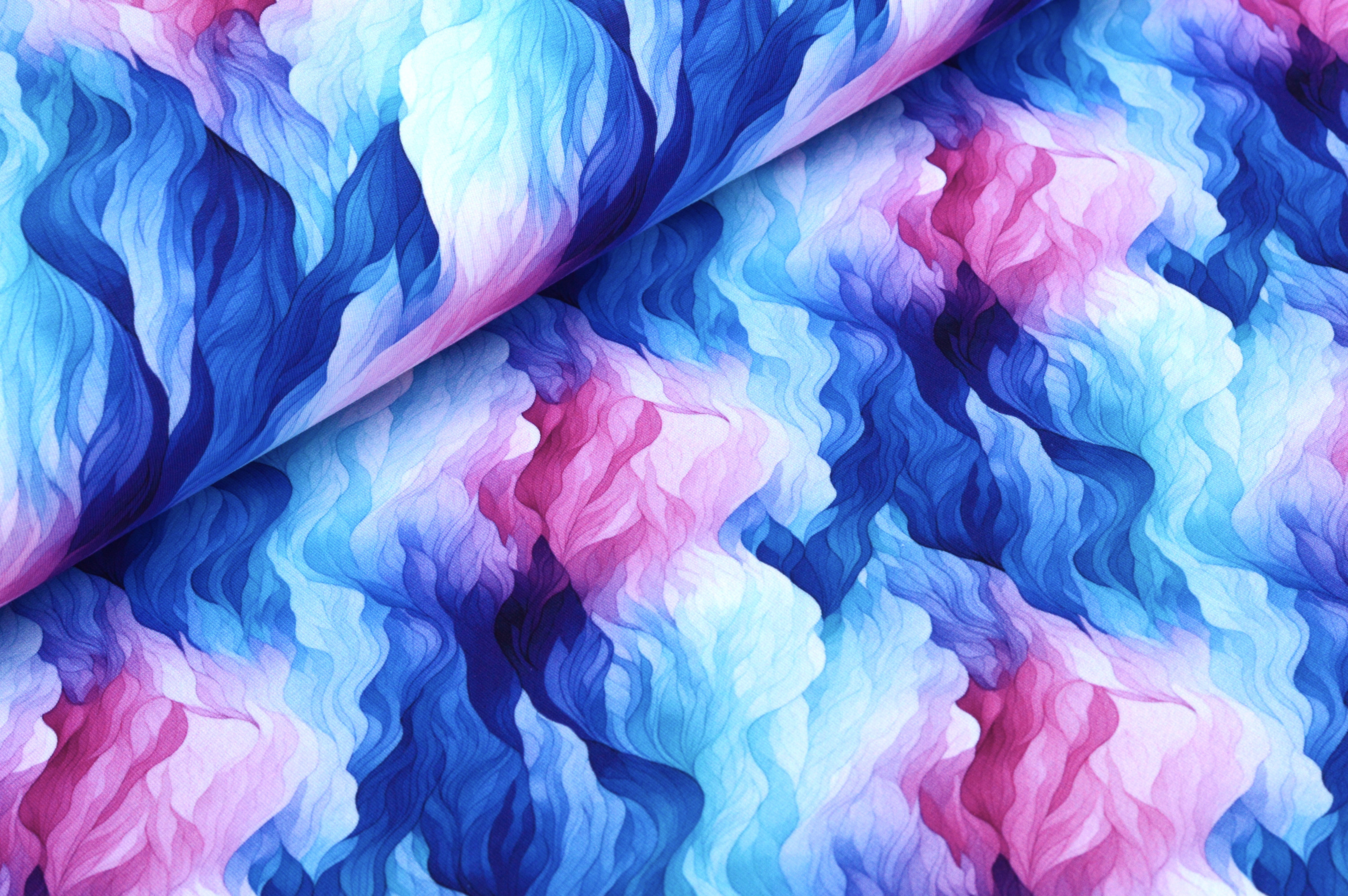 French Terry Digital Eigenproduktion "Ocean Dreams" mit Aquarell -Wellen - blau/türkis/pink/weiß