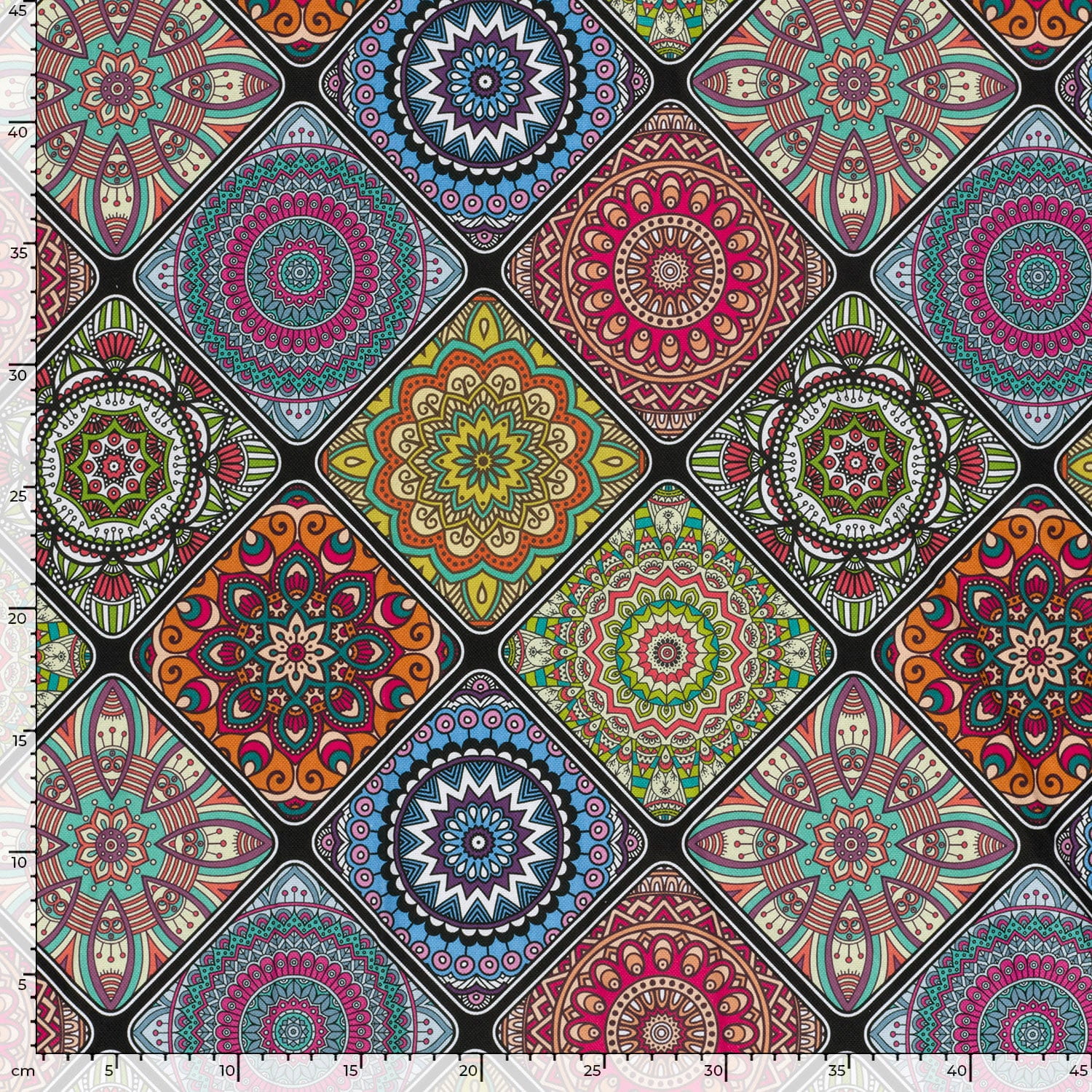 Panama Dekostoff mit bunten Mandalas - schwarz