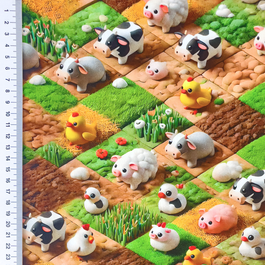 Baumwollstoff Popeline Digitaldruck mit Bauernhoftieren auf bunten Feldern Baumwollstoff Popeline Digitaldruck mit Bauernhoftieren auf bunten Feldern
