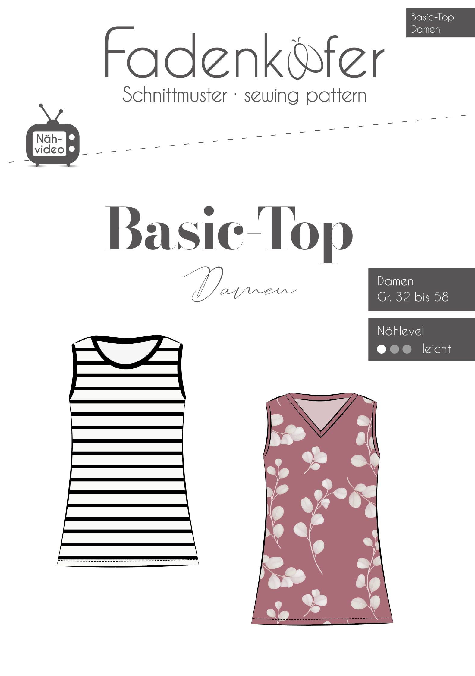 Papierschnittmuster Basic-Top für Damen 32-58 von Fadenkäfer 