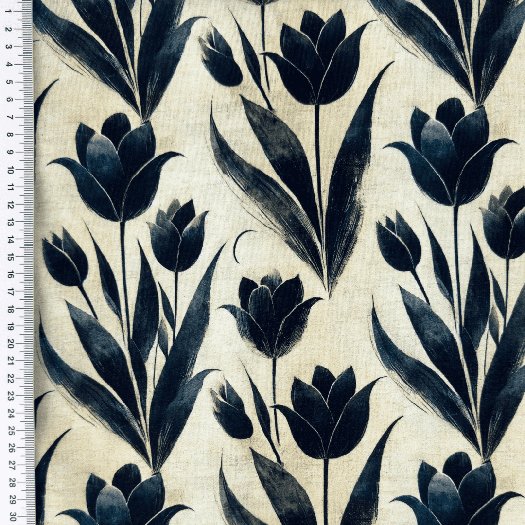 Sommersweat French Terry Digital mit dunklen Tulpen - hellbeige