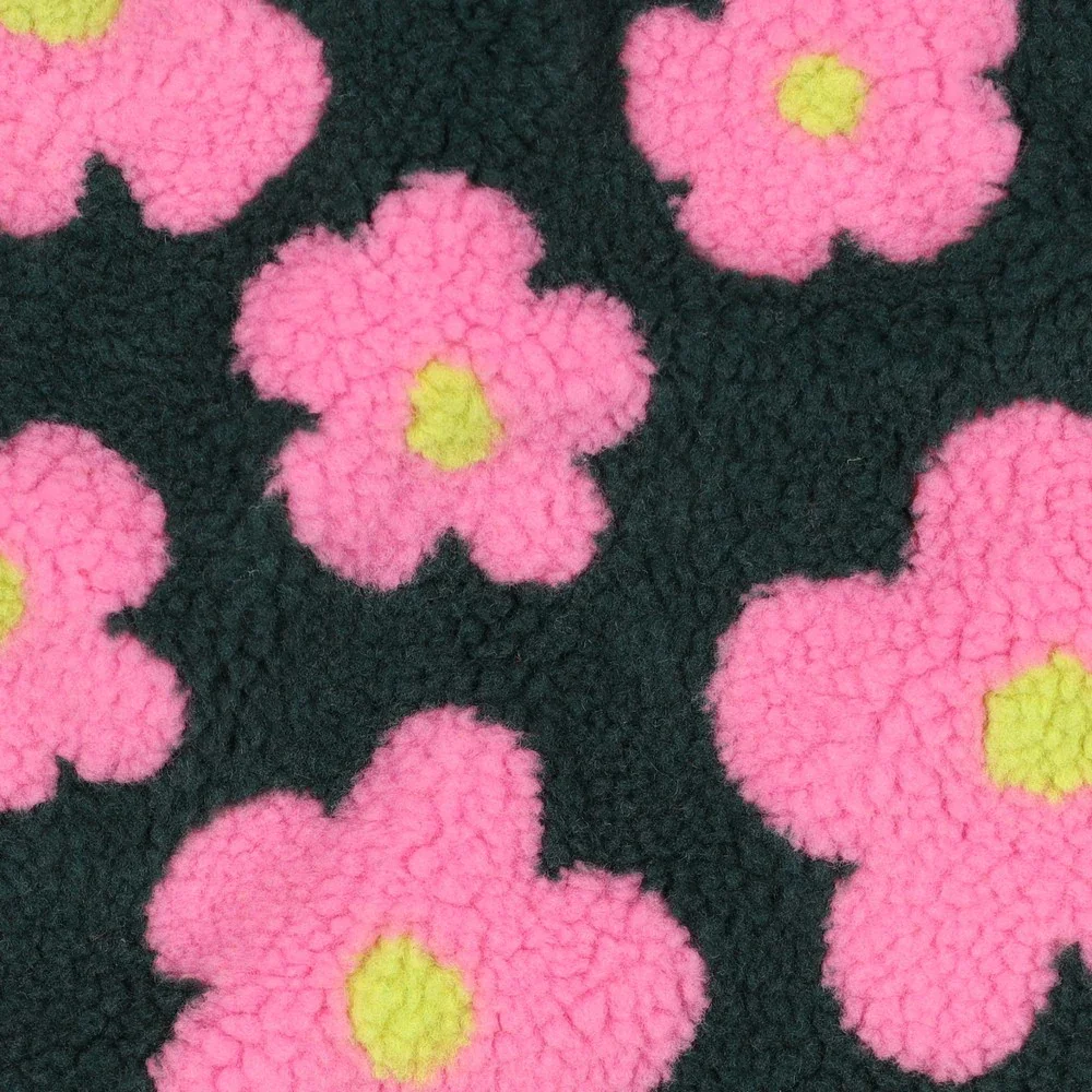 Teddystoff Jacquard mit Blumen - dunkelgrün/rosa (V003)