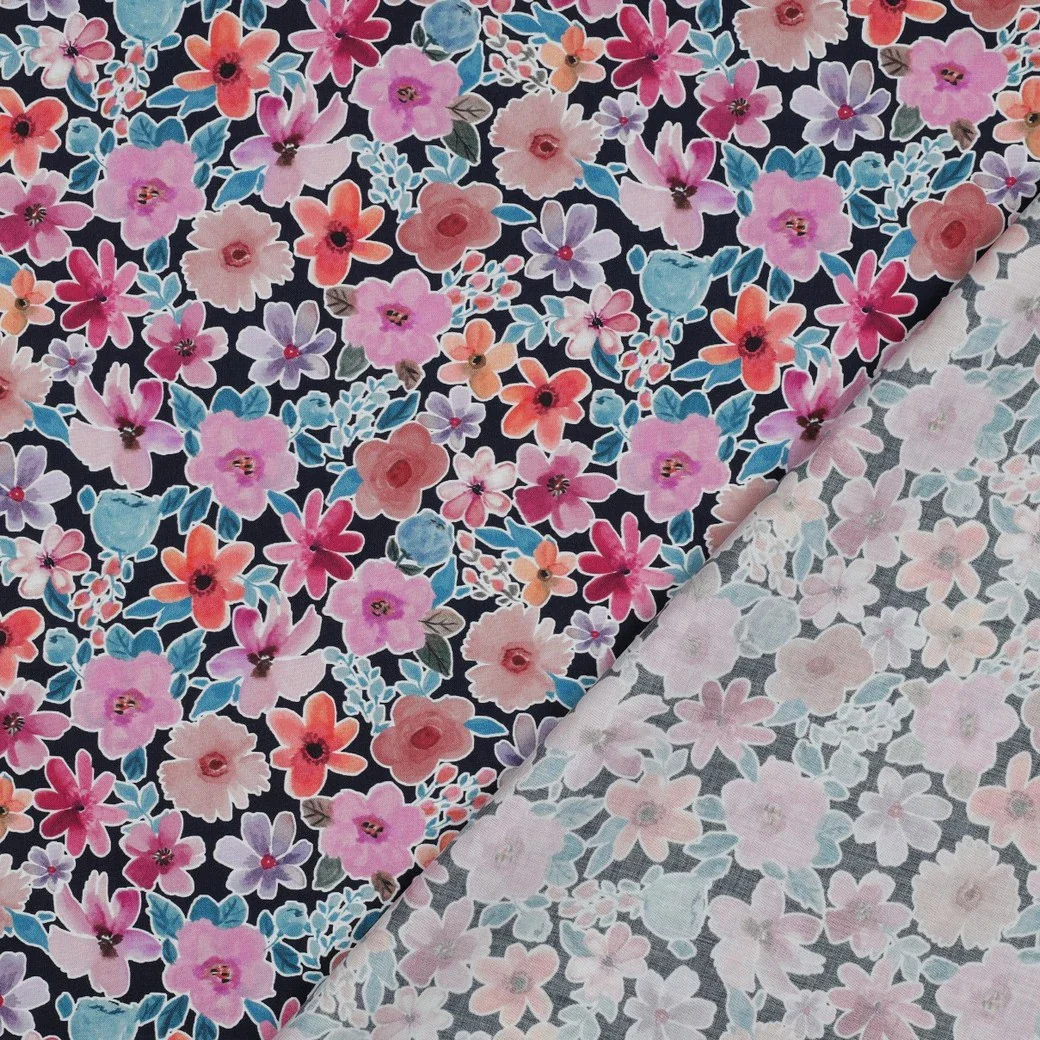 Baumwollstoff Popeline Digital mit Aquarellblumen - marine (V003)