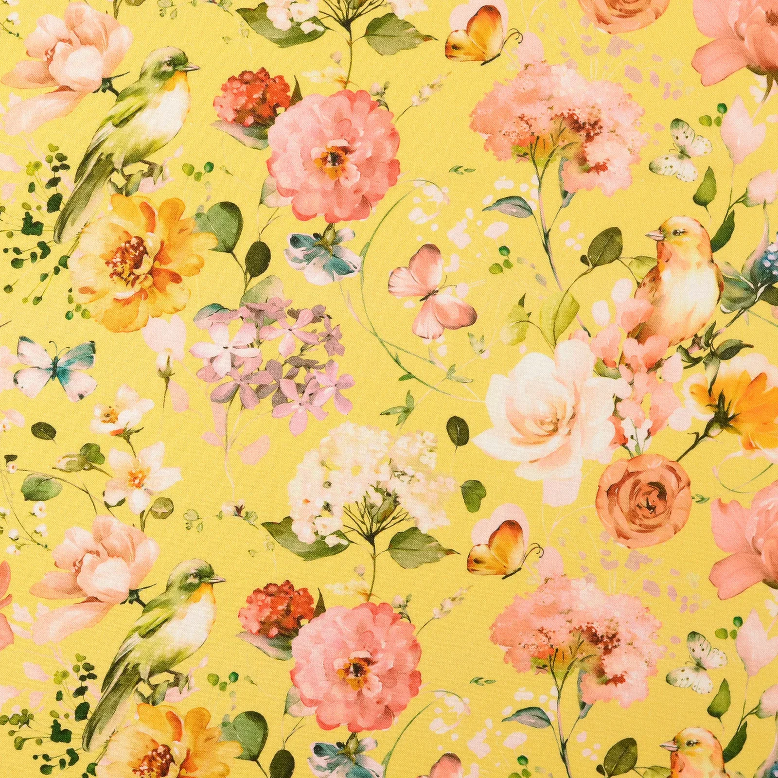Baumwollstoff Cretonne Digital mit Blumen und Vögeln - gelb (N003)