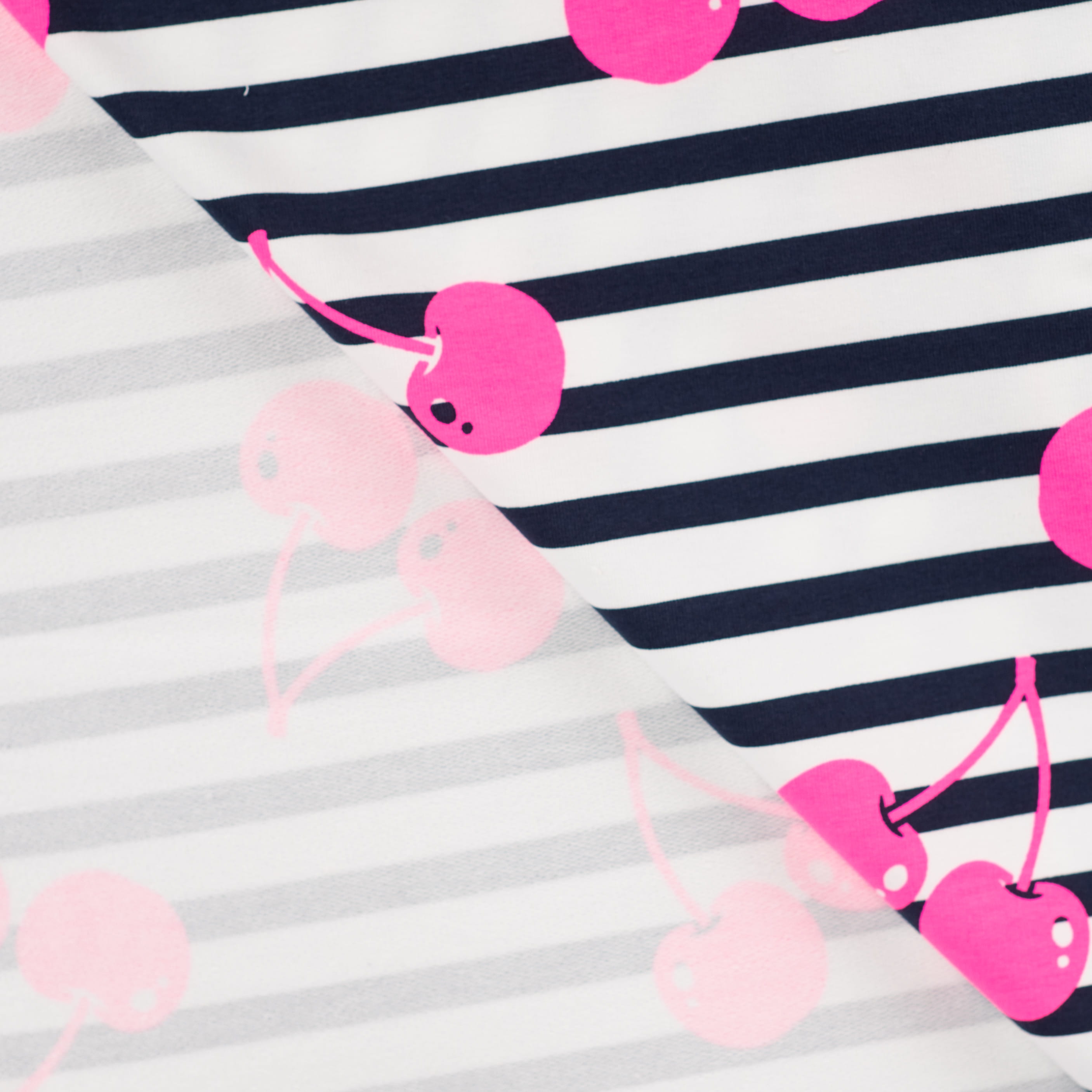 French Terry "Neon Cherries" mit neonpinken Kirschen - schwarz/weiß gstreift