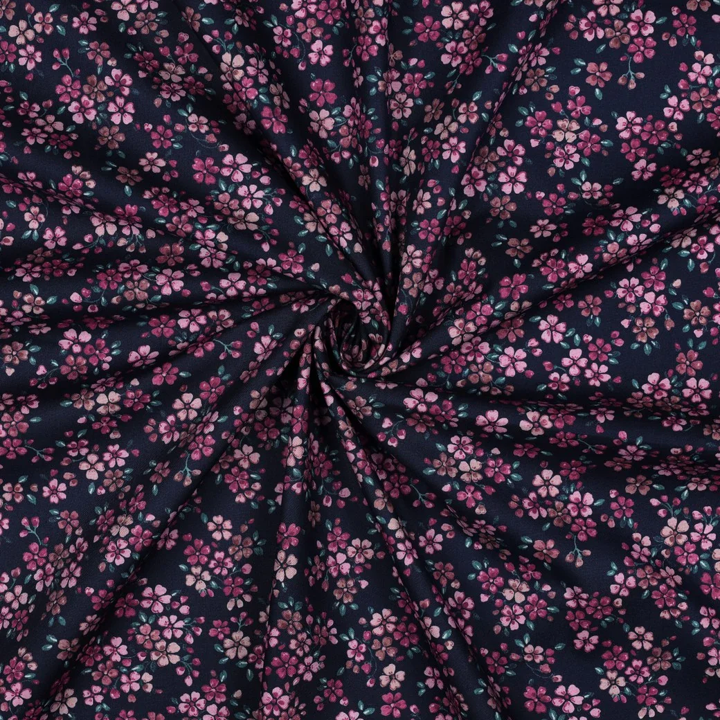 Baumwollstoff Popeline Digital mit Streublumen - navy