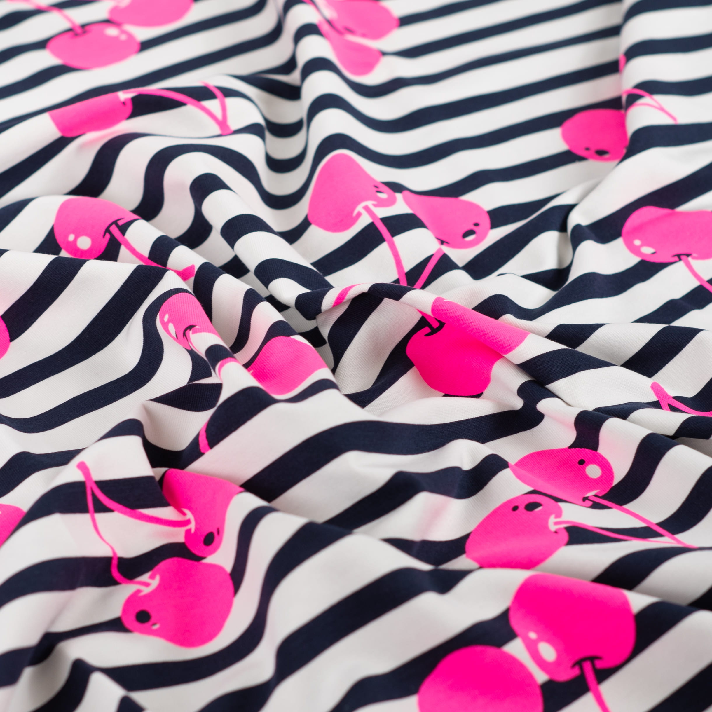 French Terry "Neon Cherries" mit neonpinken Kirschen - schwarz/weiß gstreift