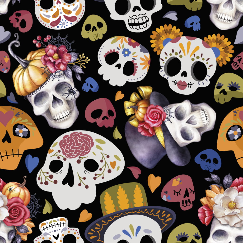 Baumwollstoff Popeline Digitaldruck mit Skulls und bunten Blumen - schwarz