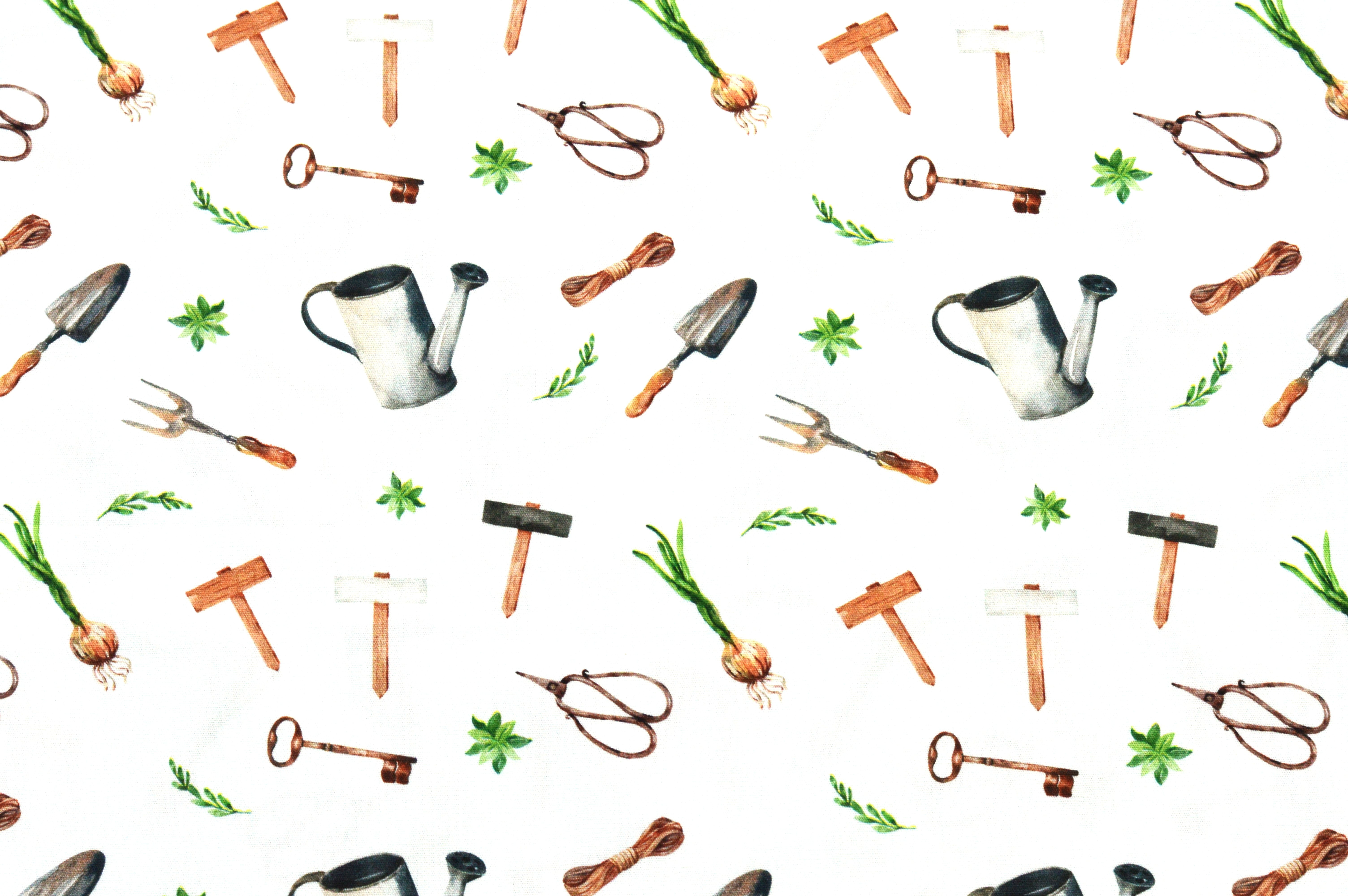 Baumwollstoff Digitaldruck Eigenproduktion mit Gartenwerkzeugen und Blumenzwiebeln - weiß 
