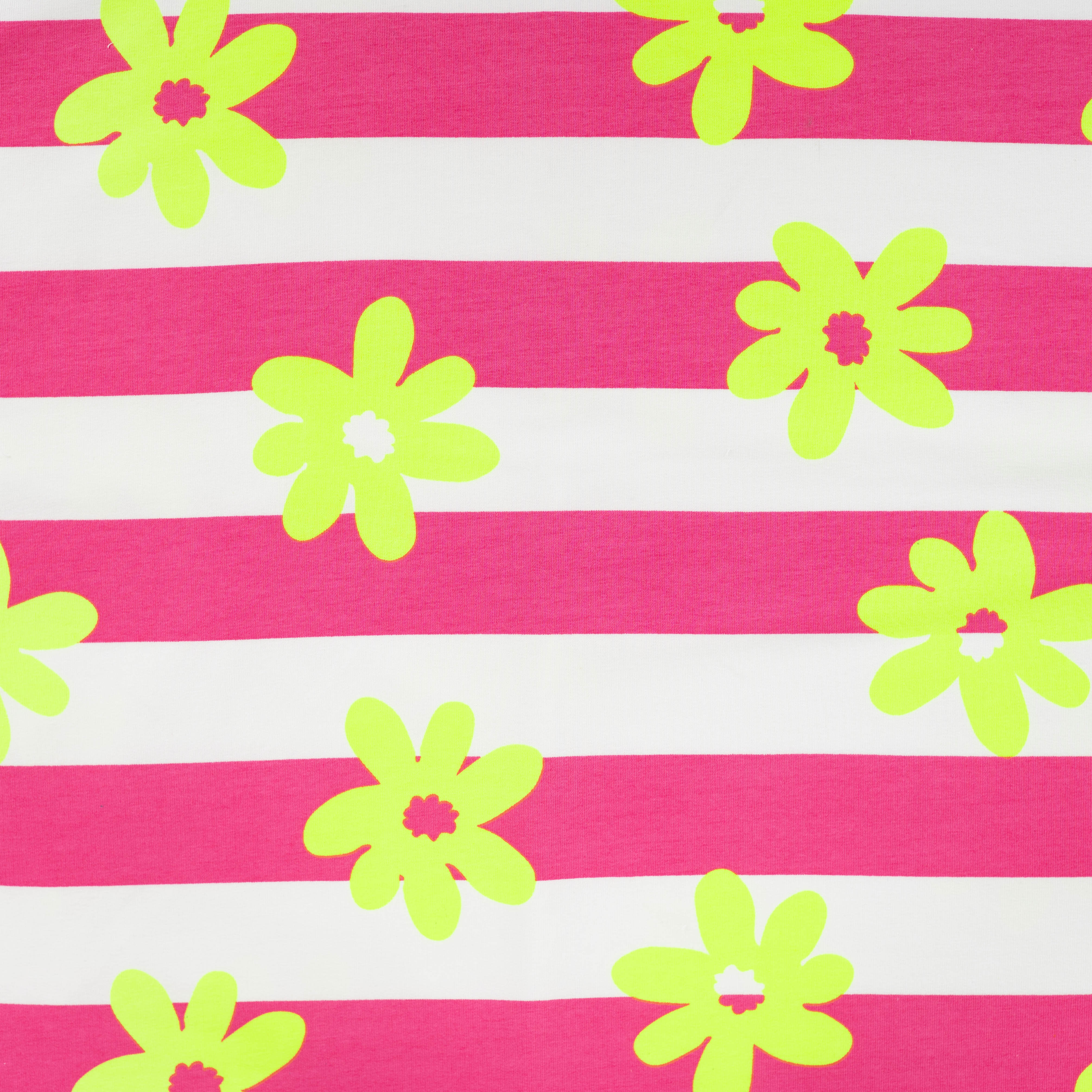 French Terry "Stripes & Flowers" mit neon gelben Blumen und Blockstreifen - pink/weiß (Q170)
