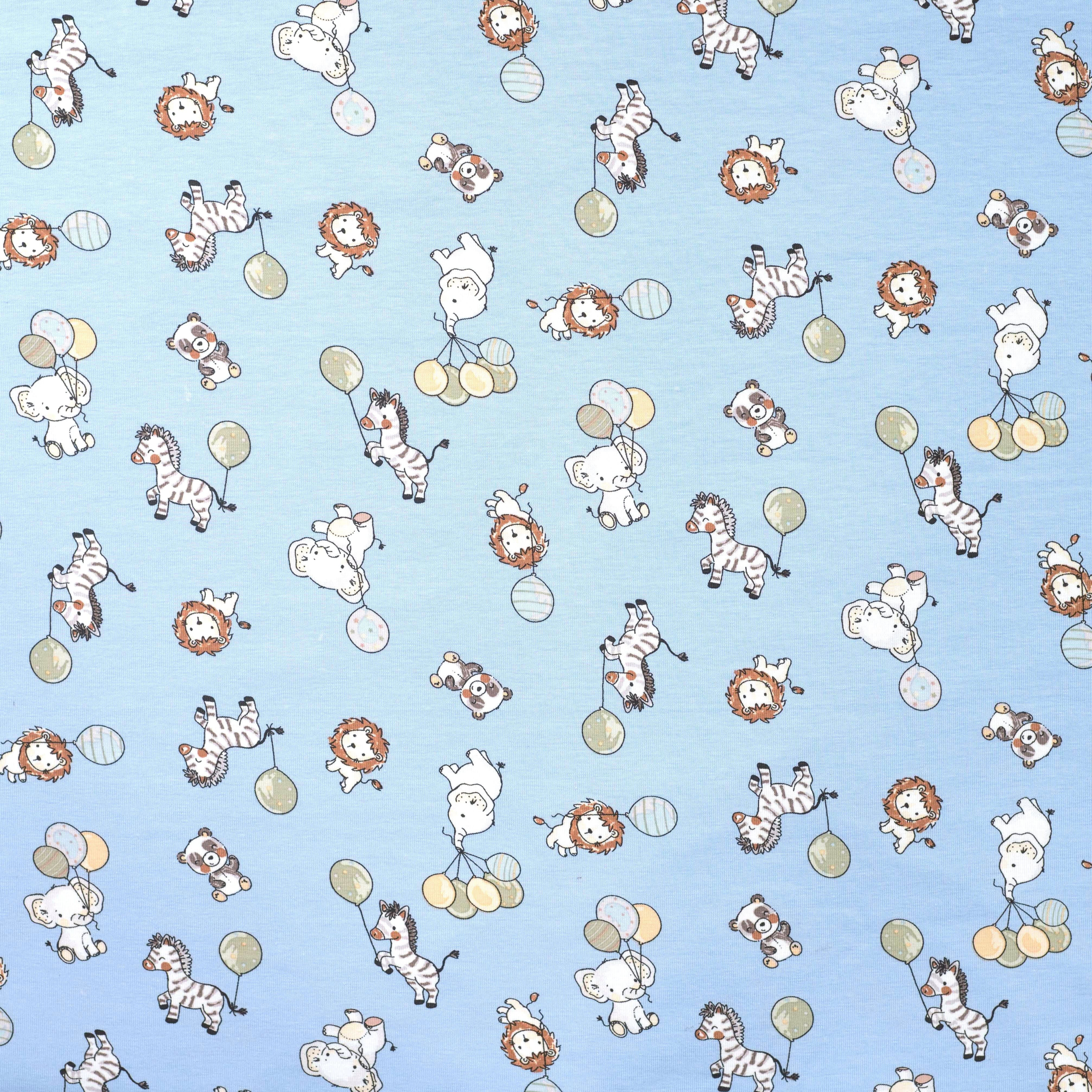 Baumwolljersey "Party Animals" mit Tieren und Luftballons - hellblau
