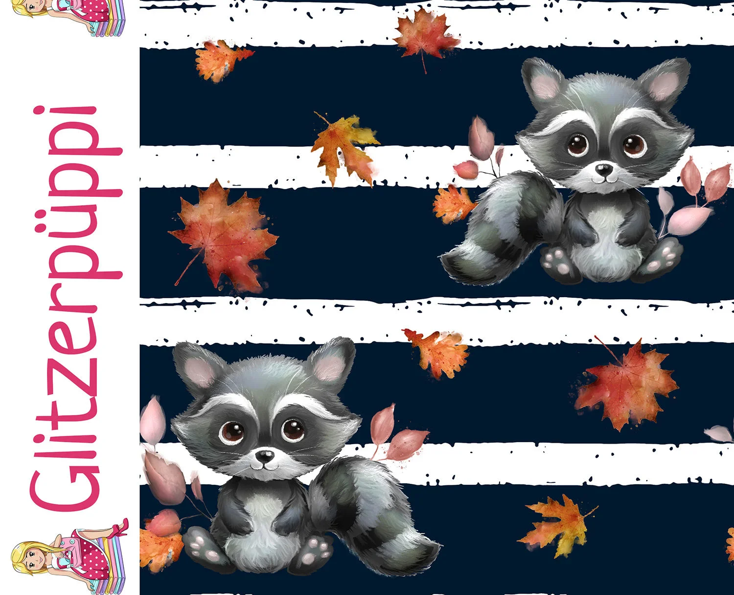 Glitzerpüppi French Terry Digital mit Waschbären und Herbstlaub - navy (N008)