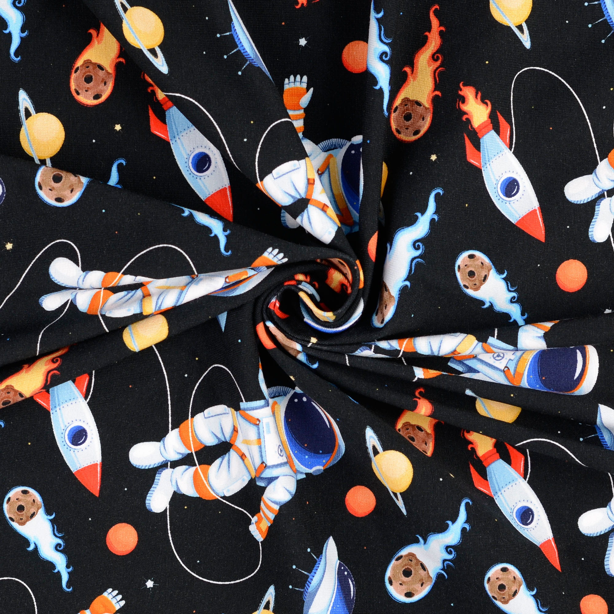 Baumwolljersey Little Darling mit Astronauten, Planeten und Raketen - schwarz