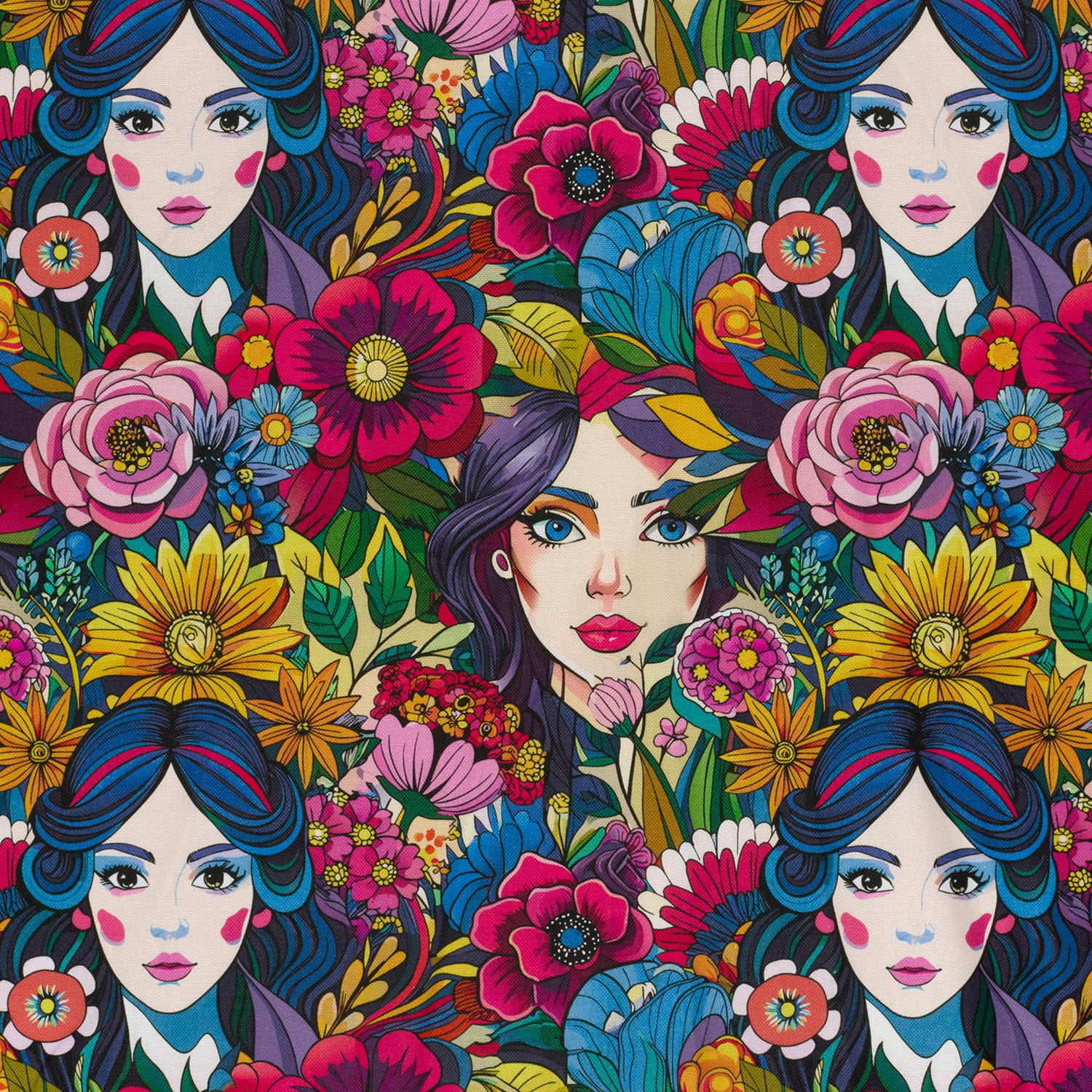 Panama Dekostoff "Modern Art" mit Gesichtern und bunten Blumen 