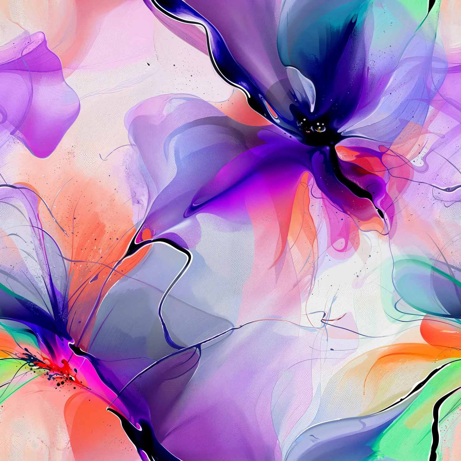 Digital bedruckter Sommersweat mit abstrakten Aquarellblumen in leuchtenden Farben wie Violett, Pink, Orange und Grün auf hellem Hintergrund - modern und verspielt.