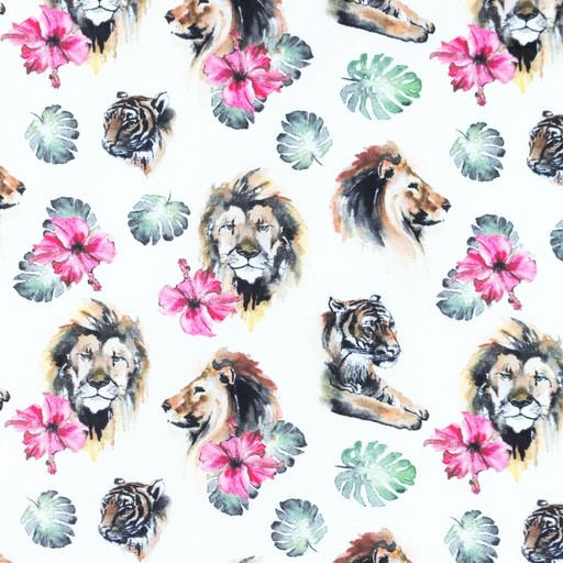 Baumwollstoff Digital mit Blumen und Löwen - weiß 
