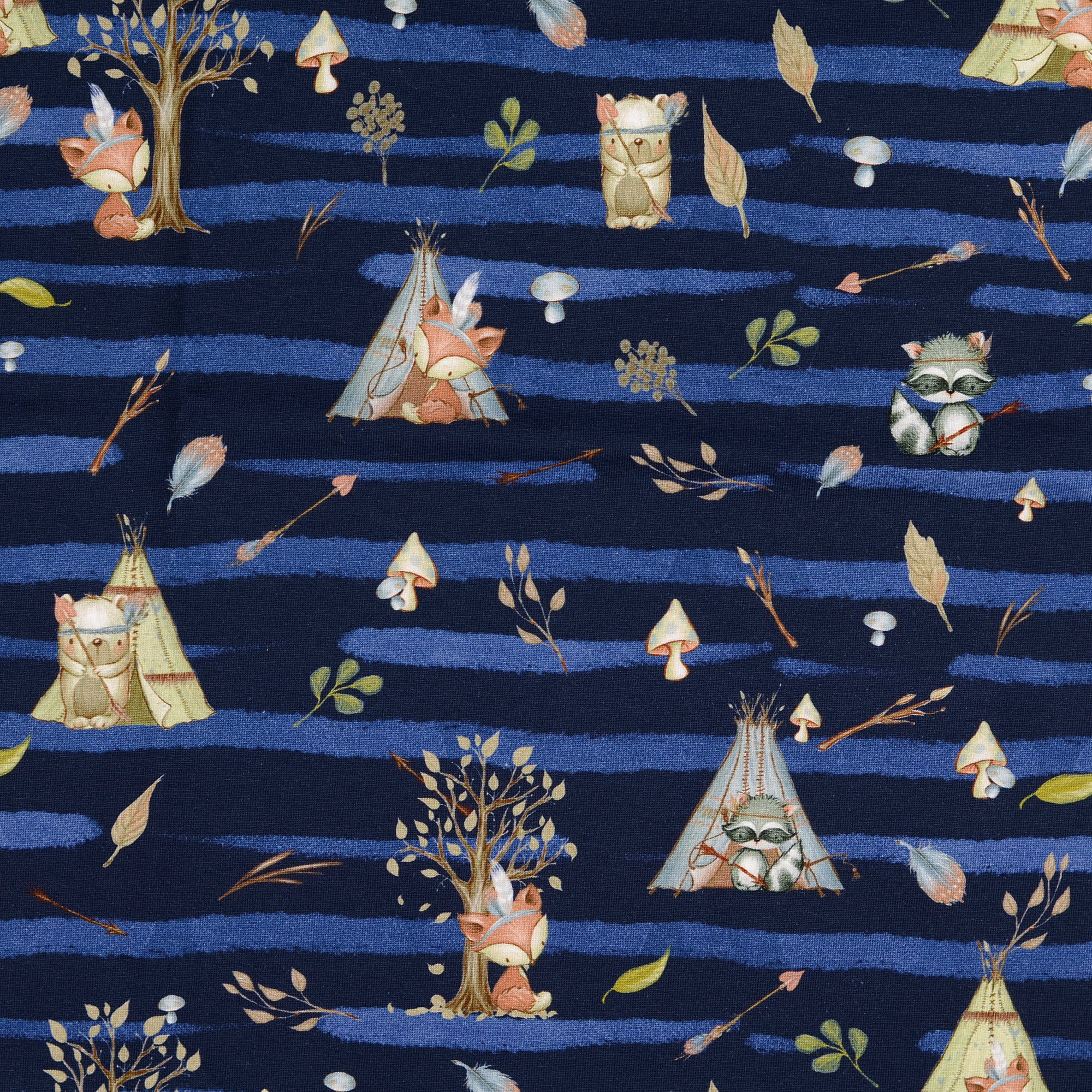 Baumwolljersey Little Darling mit Tipis und Waldtieren - navy