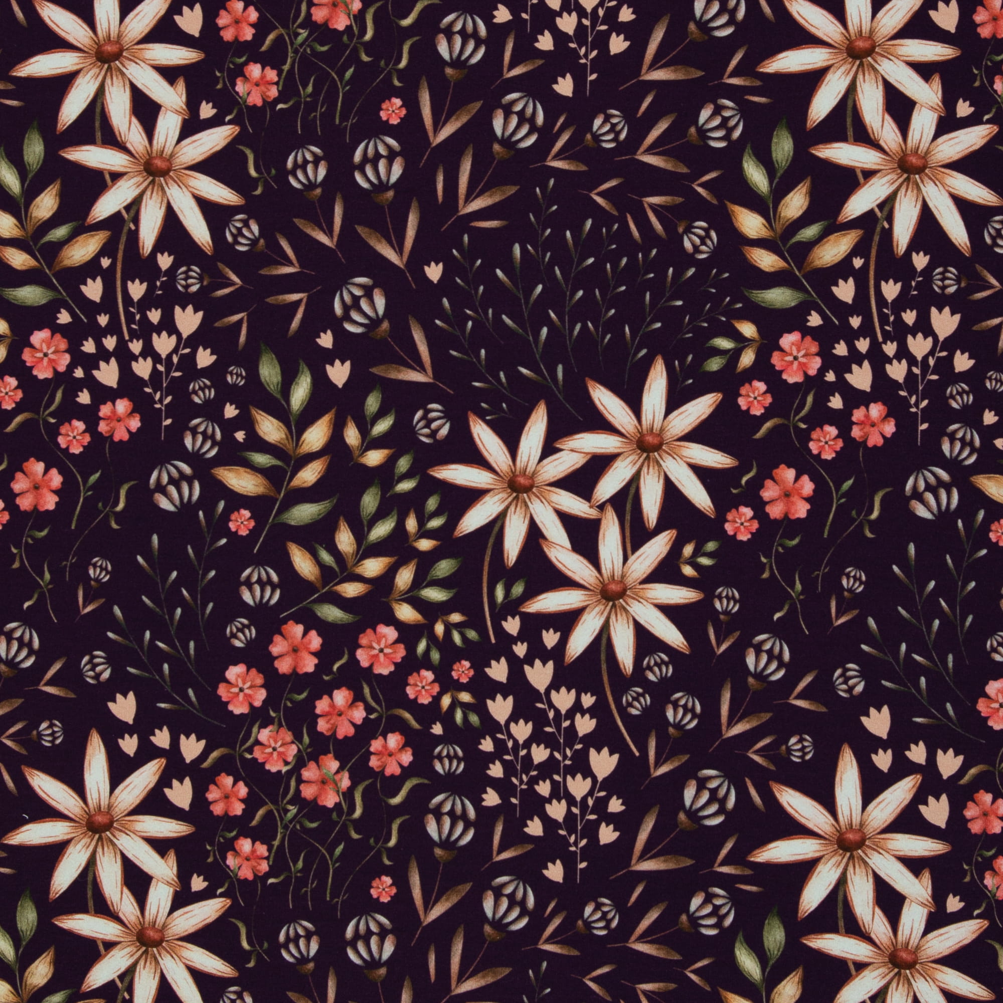French Terry "Autumn Meadows" mit Blumen von Swafing - aubergine