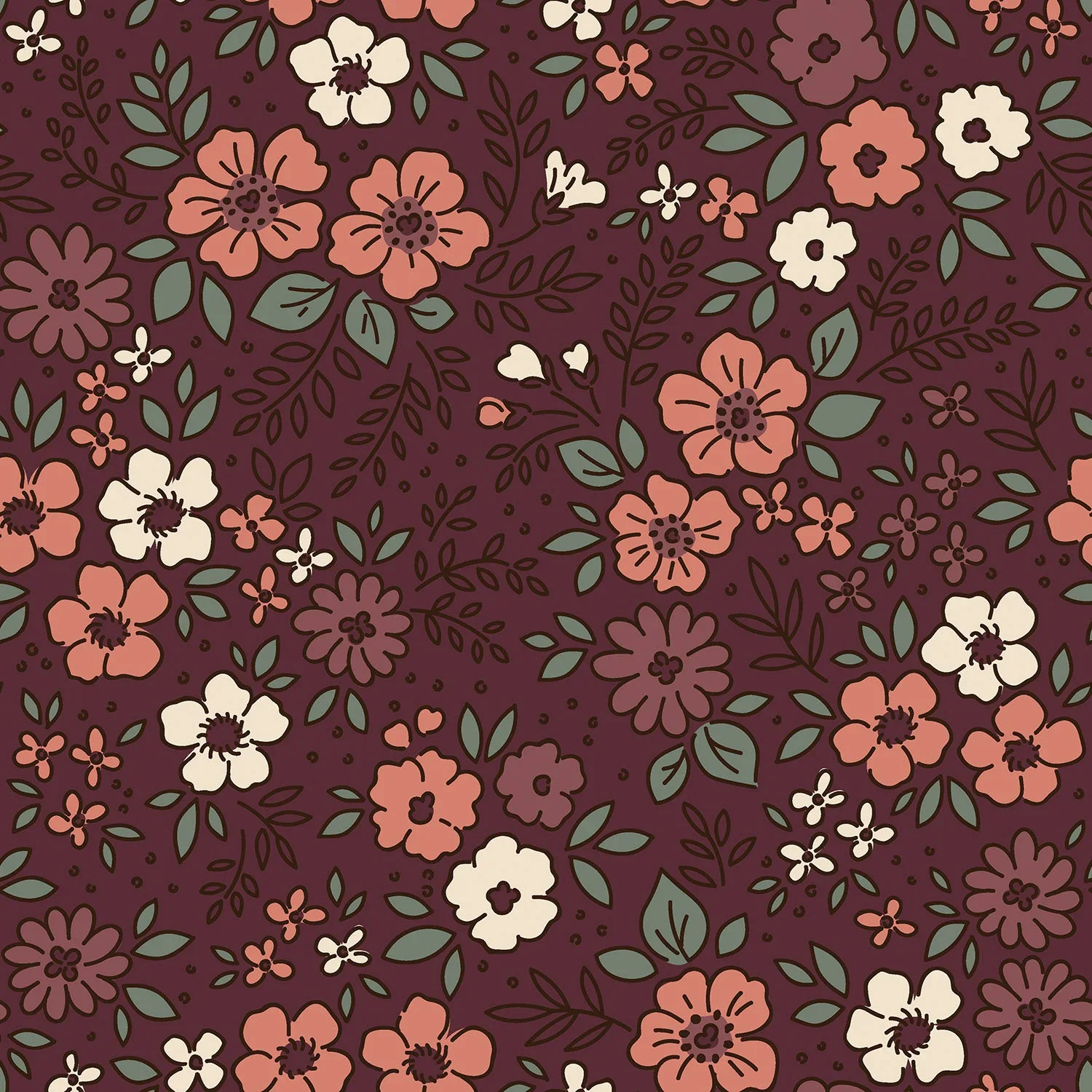 Baumwollflanell mit Blüten und Blättern - dunkel bordeaux
