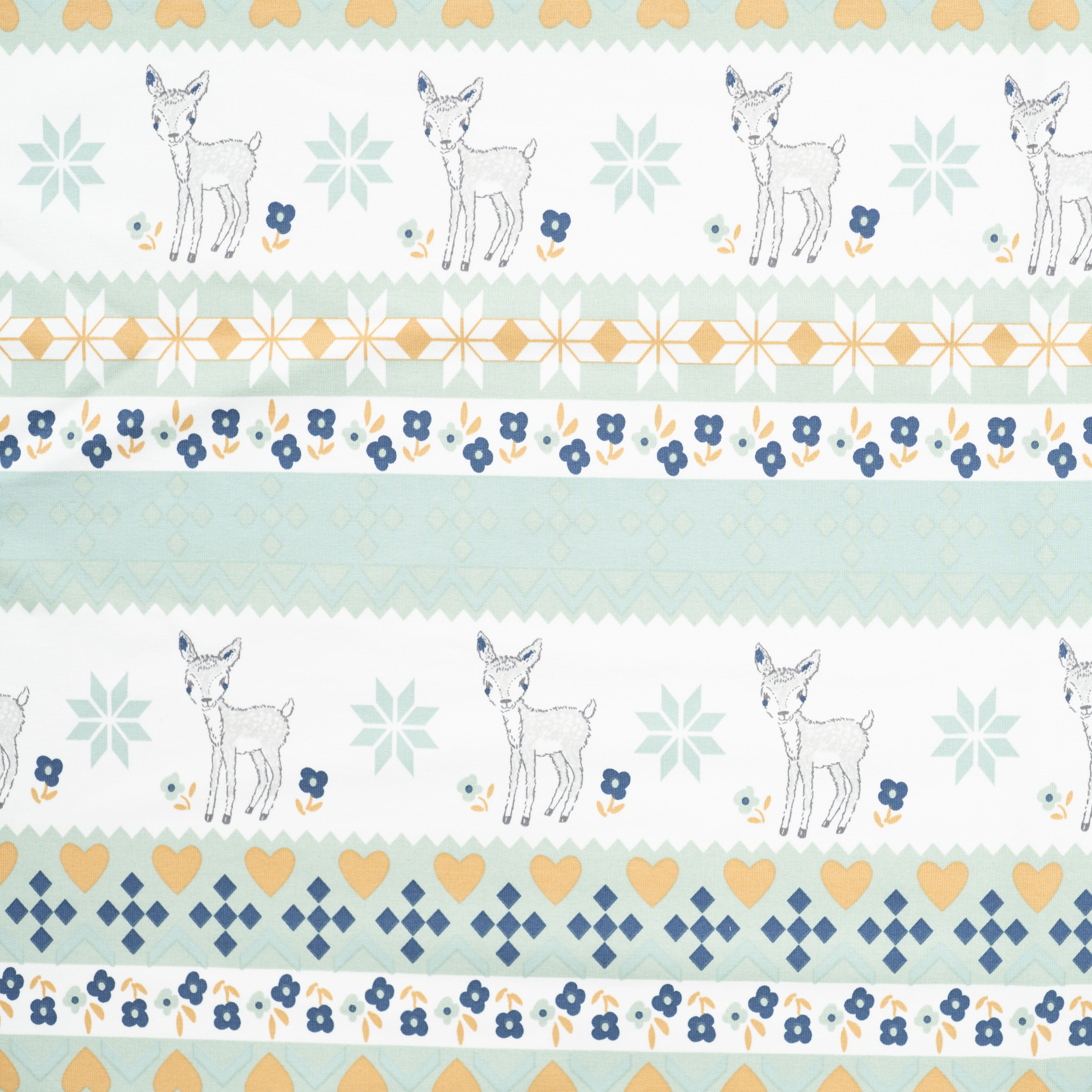 Sommersweat French Terry mit Rehen, Herzen und Norwegermuster - dark dusty mint/dunkelblau/ocker (Q220)