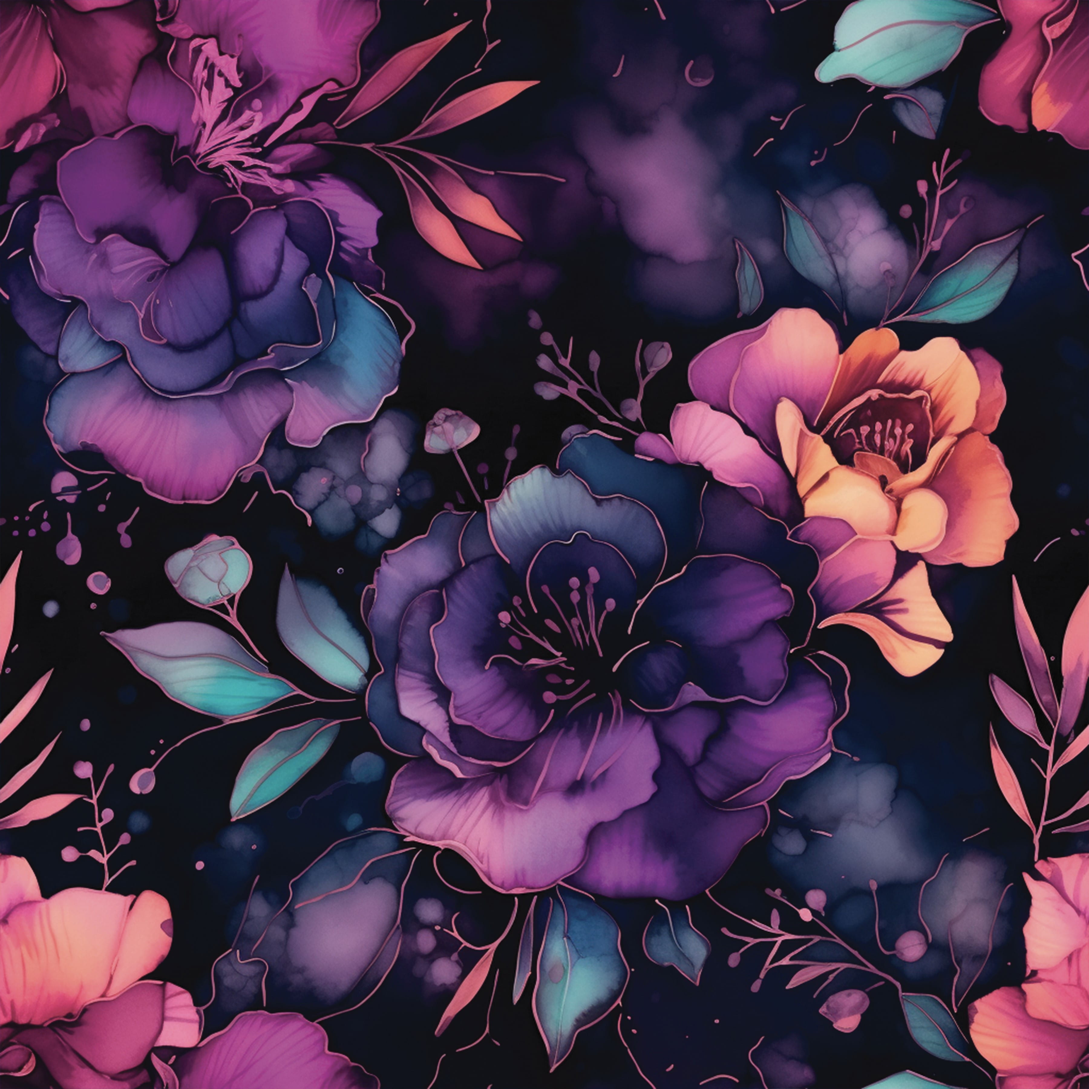 Digitaljersey Eigenproduktion mit lila/pink/orangenen Aquarellblumen - schwarz