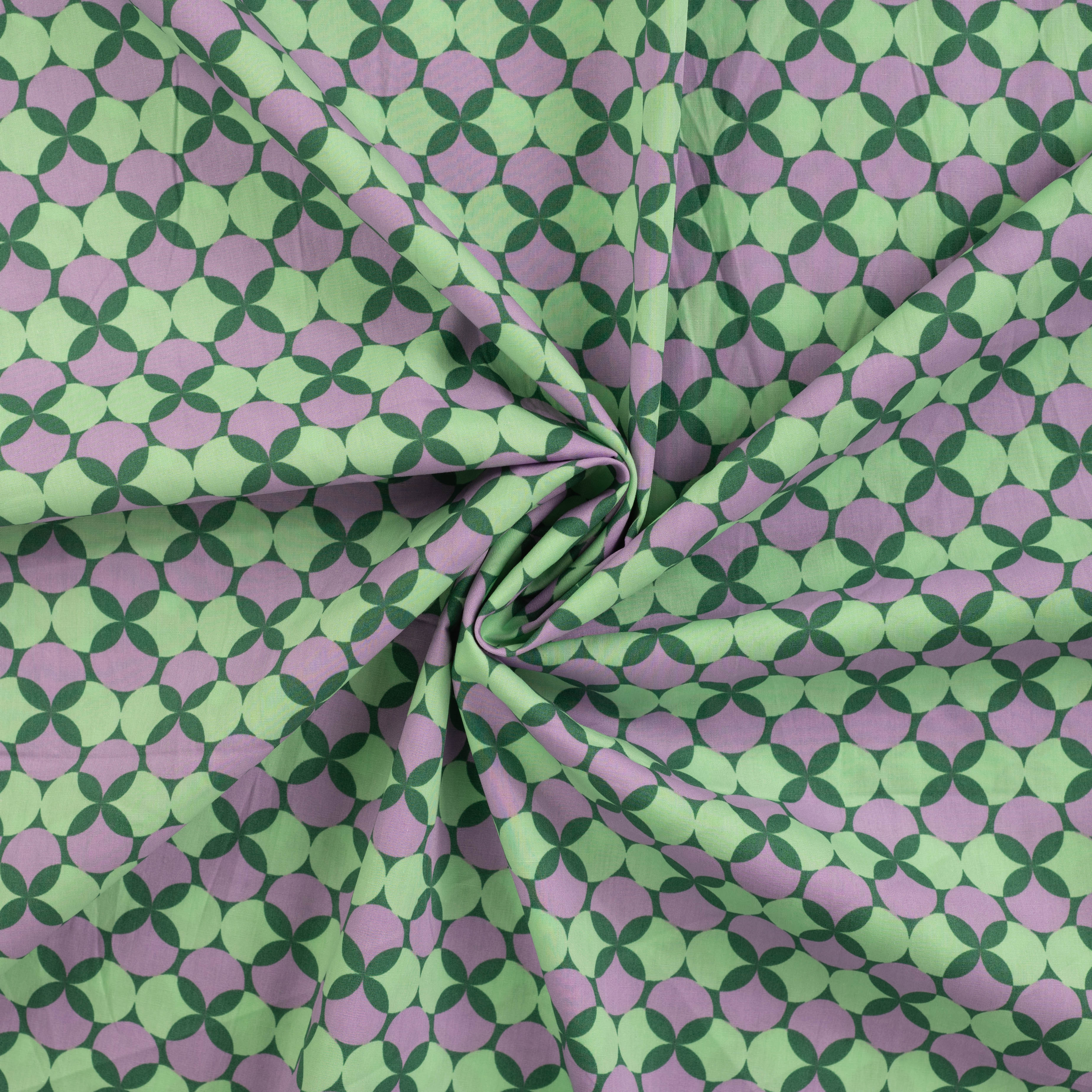 baumwoll-popeline-retro-kreismuster-gruen-flieder Baumwollstoff mit Retro-Kreismuster in Grün und Flieder - fein gewebte Popeline mit grafischem Design