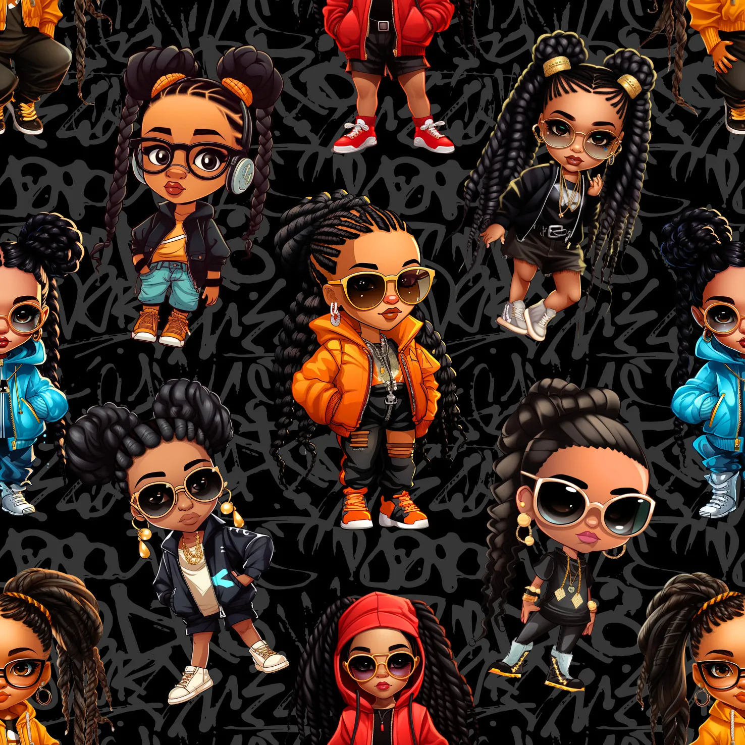 Digital bedruckter Sommersweat mit stylischen Comic-Girls im Streetstyle-Outfit auf schwarzem Graffiti-Hintergrund - farbenfrohes Design für angesagte Nähprojekte.