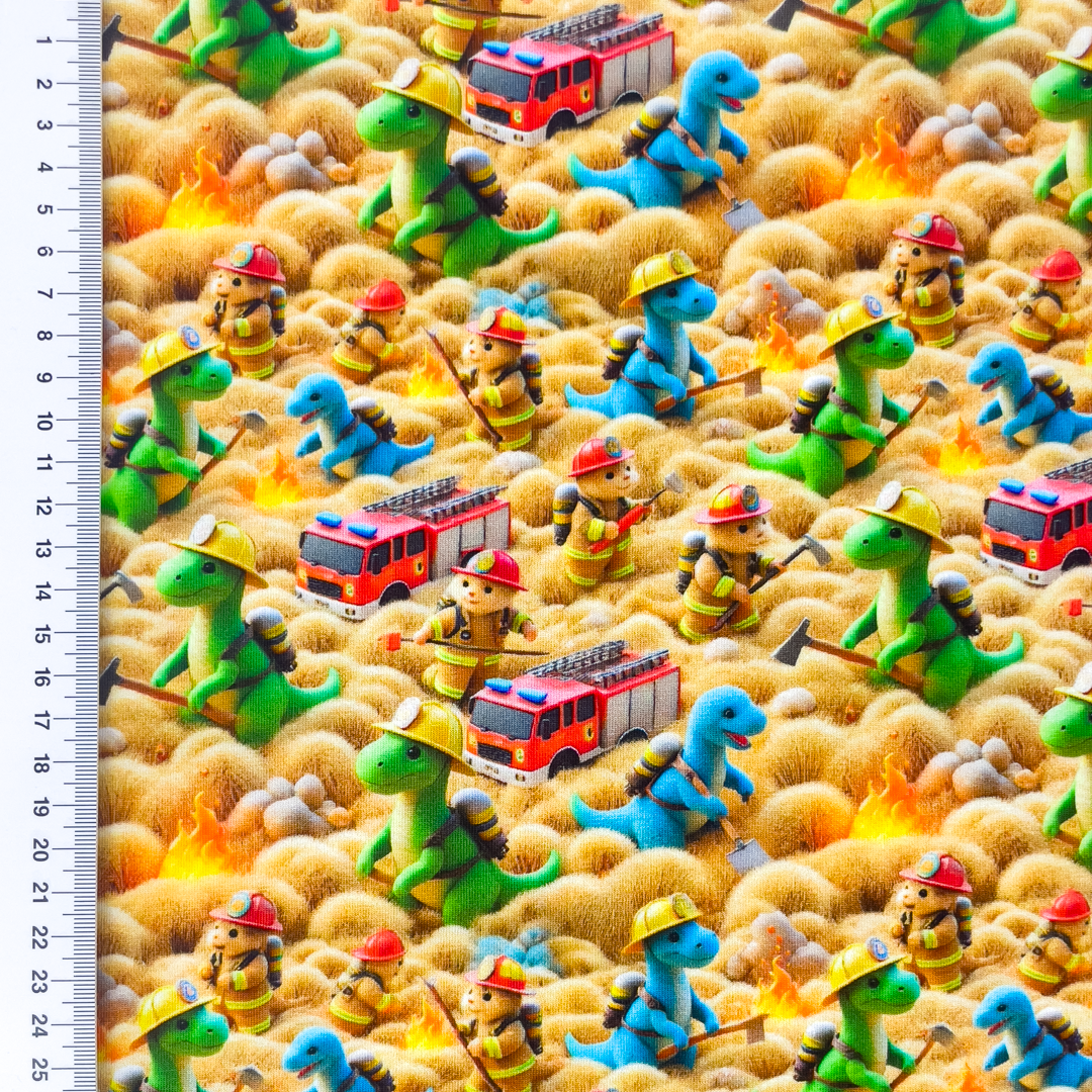Baumwolljersey Digital mit Feuerwehr-Dinosauriern und Feuerwehrautos