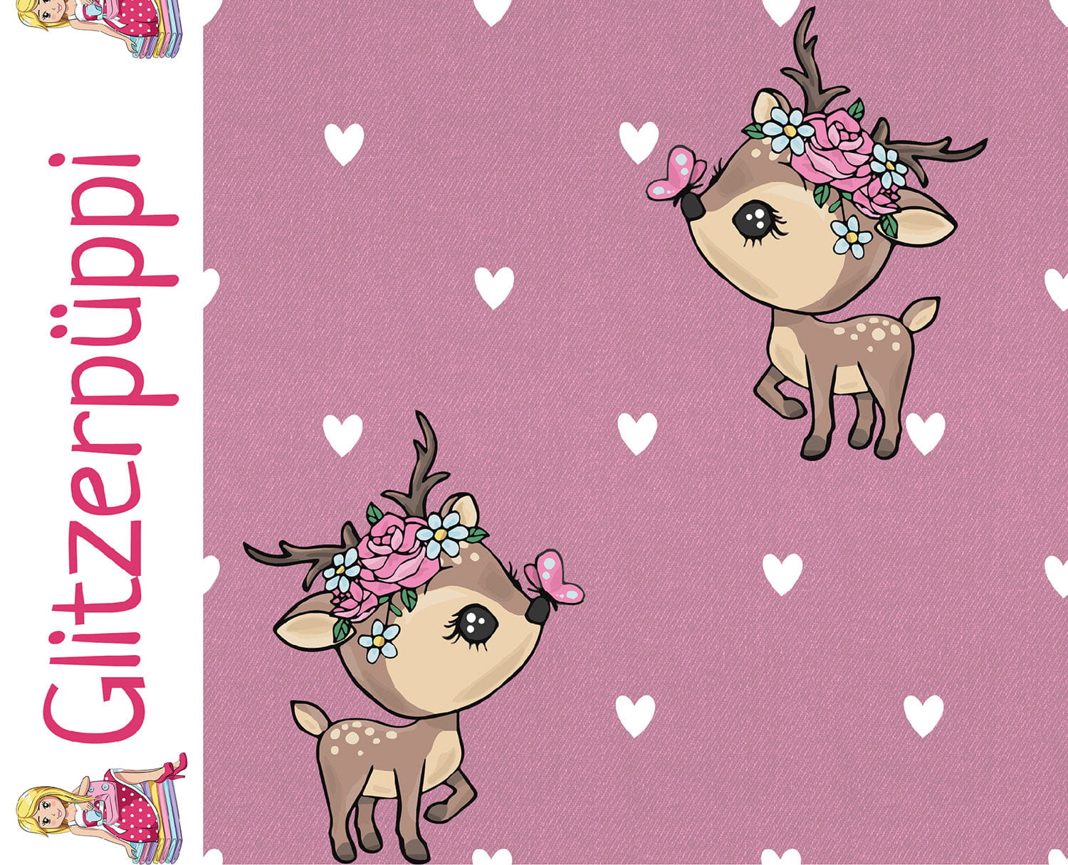 Glitzerpüppi French Terry Digital mit Baby-Hirschen und Herzen - altrosa (N014)