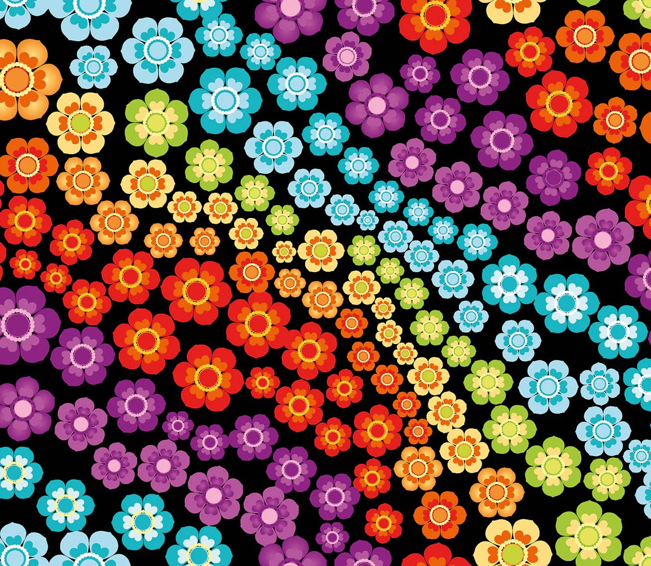 Karnevalsstoff Burlington mit bunten Blumen - schwarz 