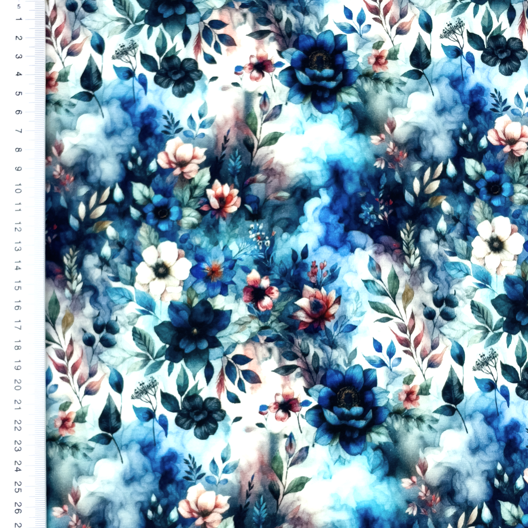 Baumwolljersey "Mitternachtsgarten" mit verschiedenen Blumen (Digitaldruck) - blau