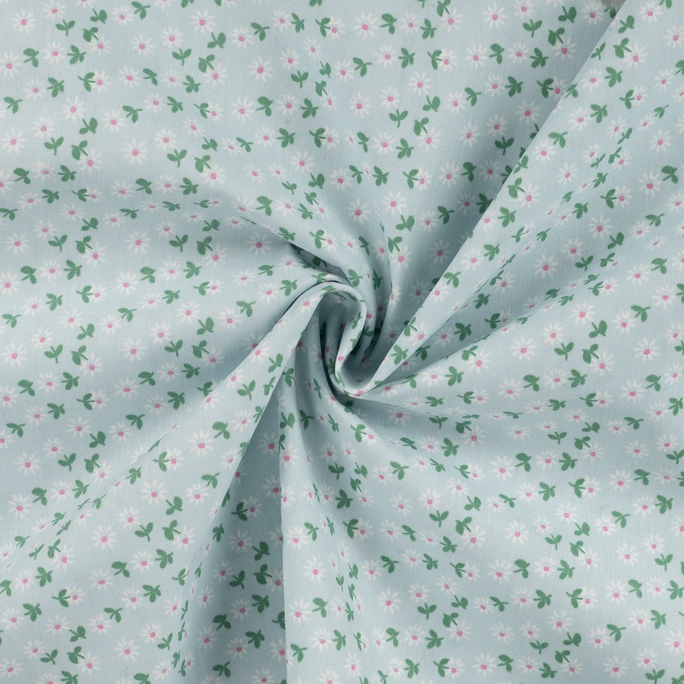 baumwoll-popeline-blümchen-gruen-weiss-hellblau Hellblaue Popeline mit kleinen weißen Blümchen und grünen Blättern als Allover-Muster