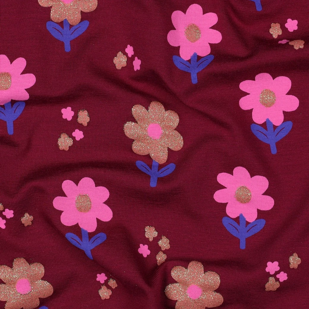 Baumwolljersey mit Glitzerblumen - weinrot