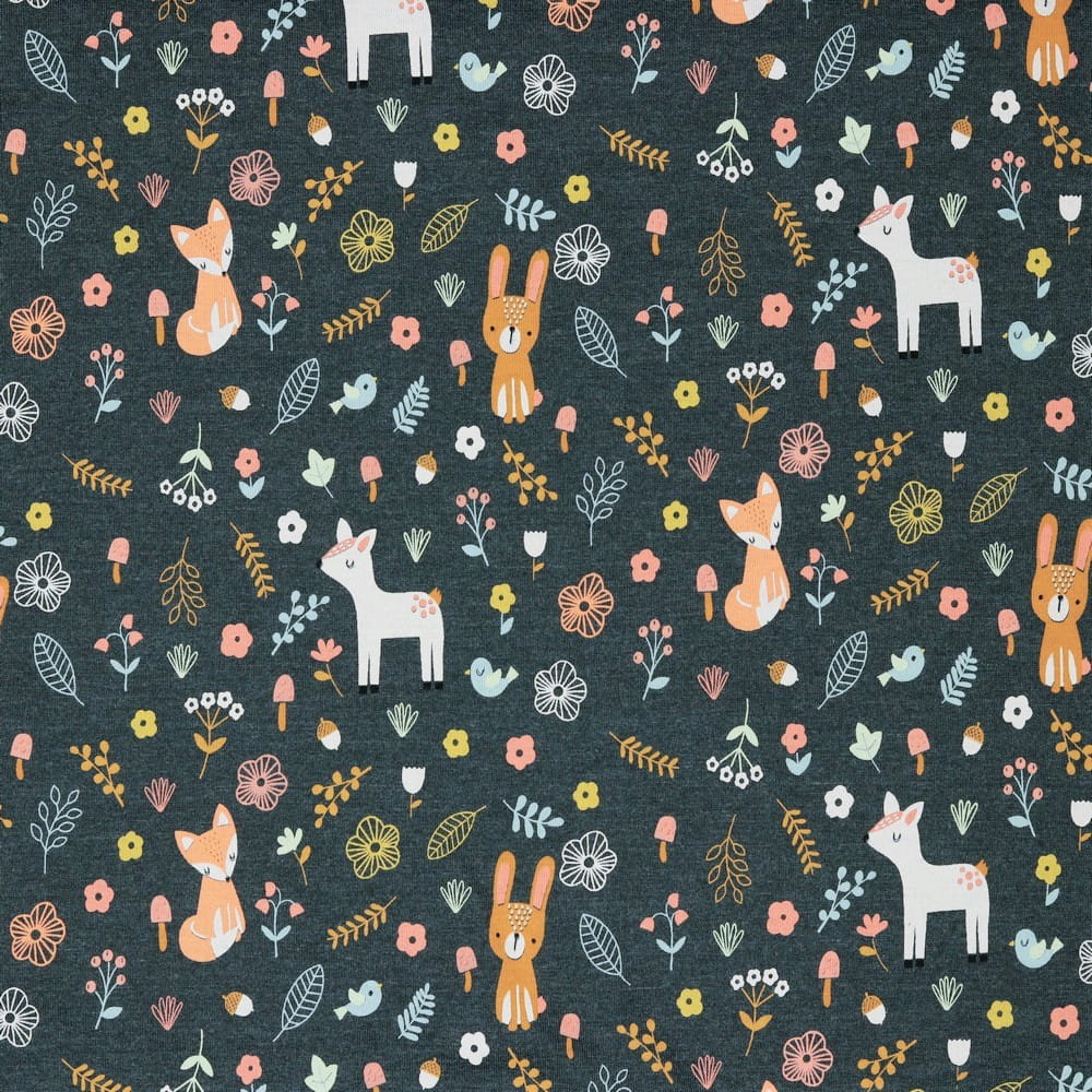 Baumwolljersey "Forest Friends" - anthrazit meliert  