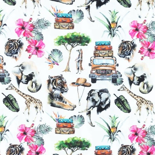 Baumwollstoff Digital "Safari Tour" mit Safari-Tieren - weiß