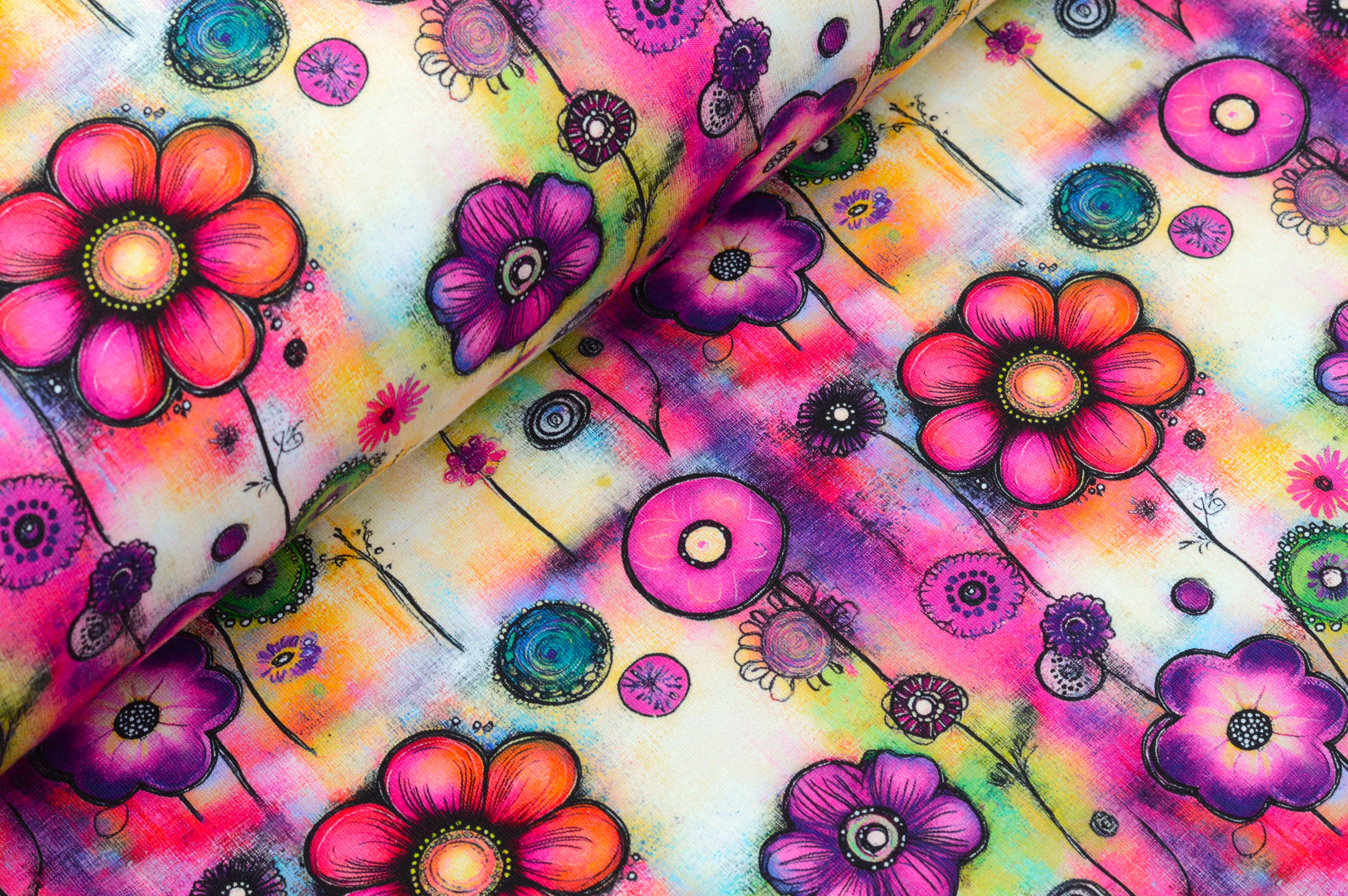 Baumwolljersey Digital mit knalligen Aquarell-Blumen  - ecru/bunt