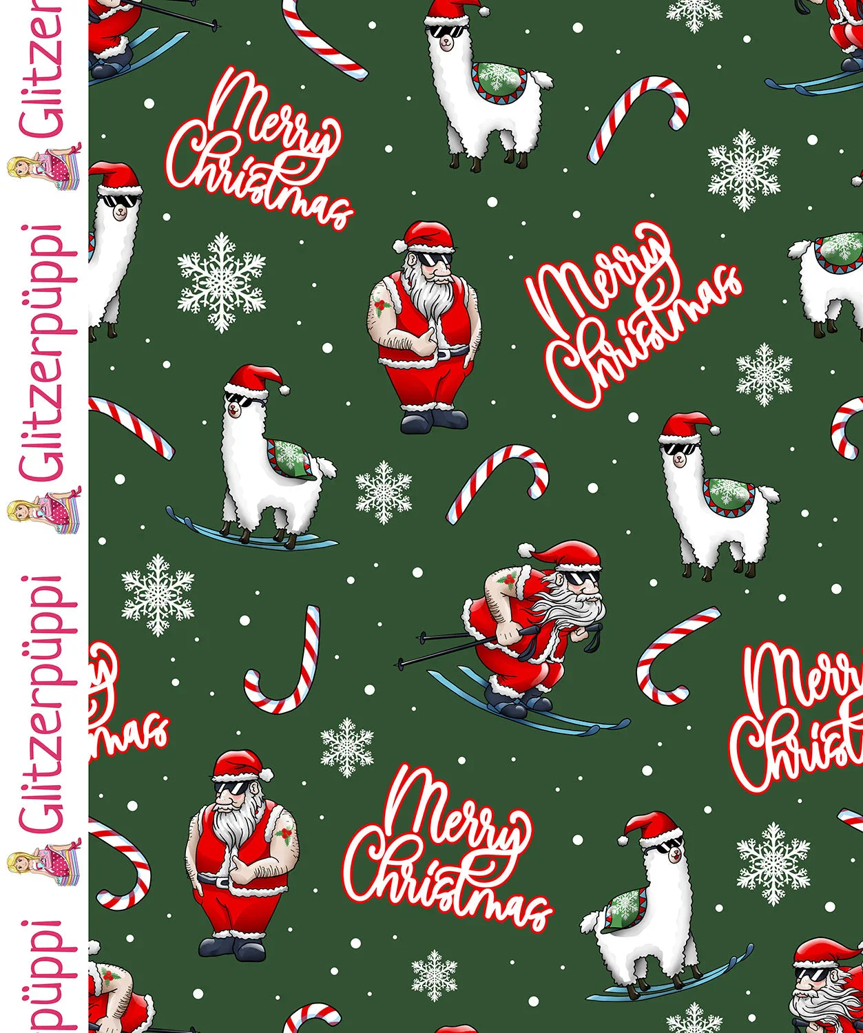 Glitzerpüppi French Terry Digital mit Weihnachtsmann und Lamas - dunkelgrün