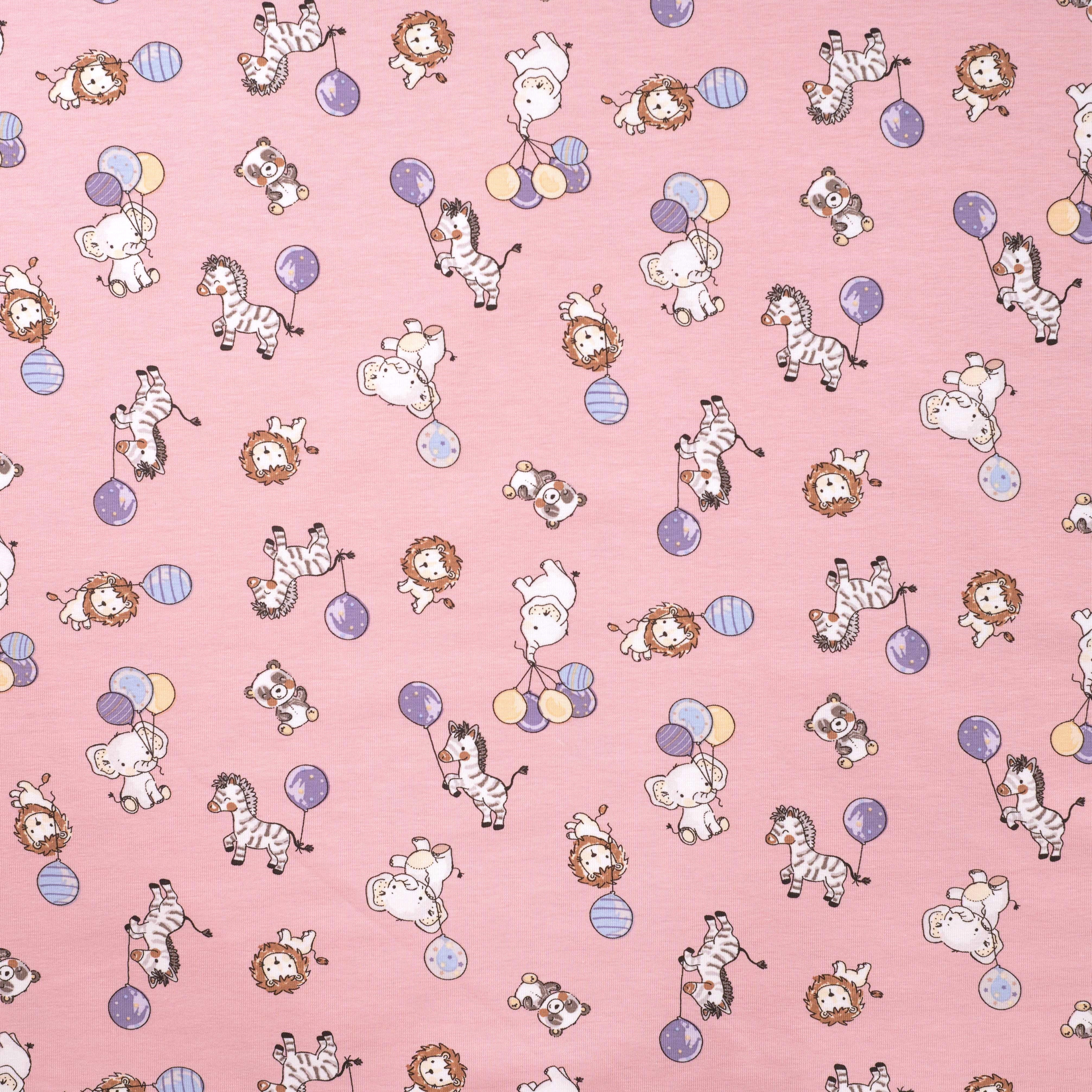 Baumwolljersey "Party Animals" mit Tieren und Luftballons - rosa