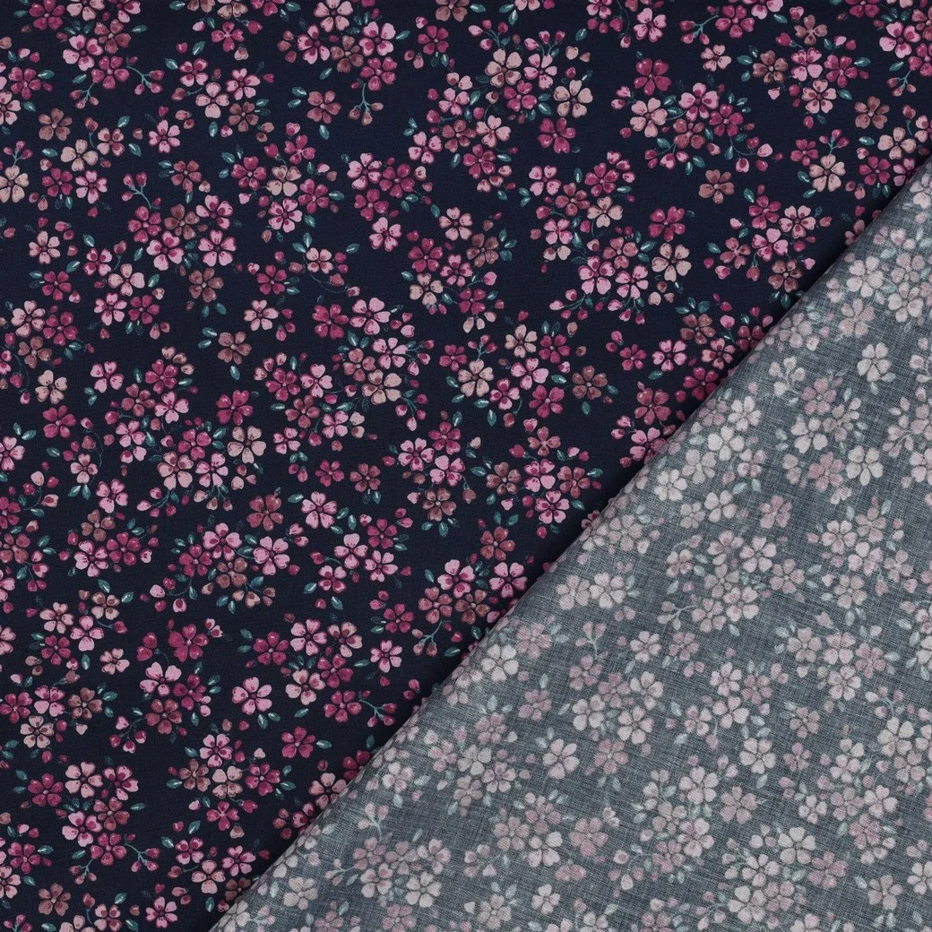 Baumwollstoff Popeline Digital mit Streublumen - navy