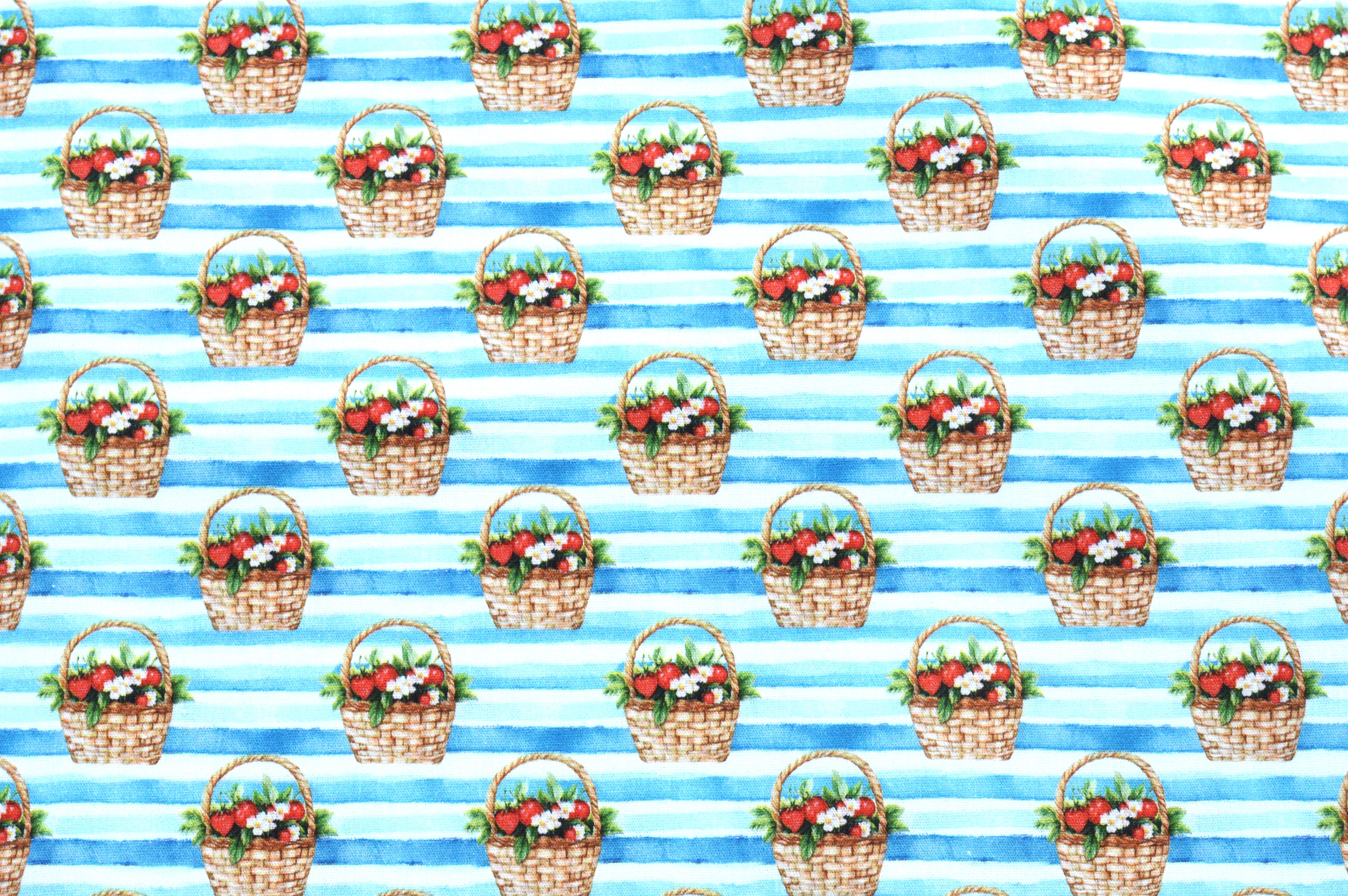 Baumwollstoff Digitaldruck Eigenproduktion mit Erdbeerkörbchen - weiß/blau gestreift
