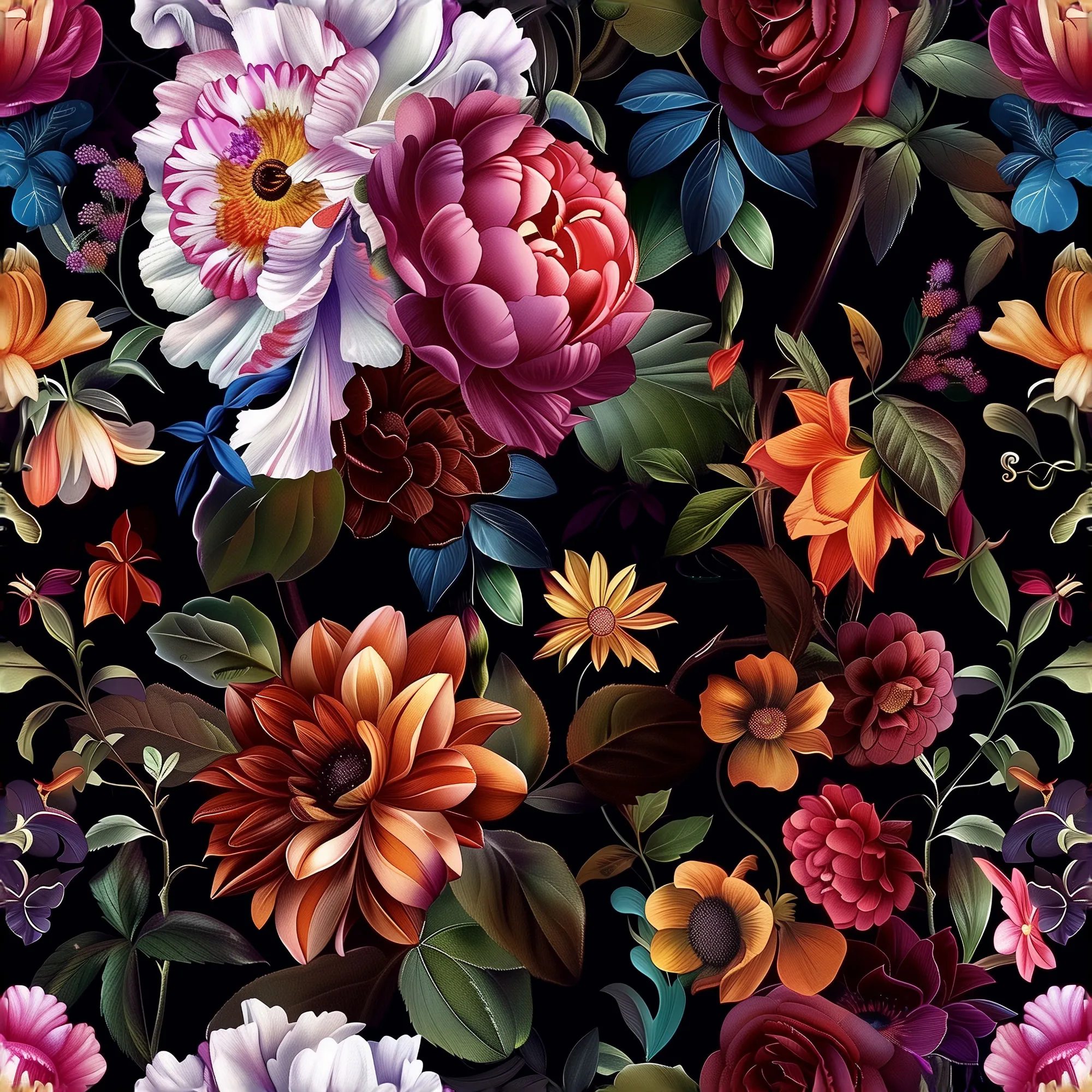 Digital bedruckter Sommersweat mit üppigen Blumenmuster in kräftigen Farben wie Rot, Orange und Violett auf schwarzem Grund - elegant und lebendig zugleich.