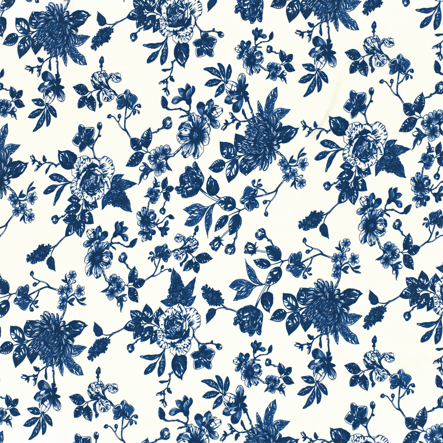 Viskose  Digital mit Blumen - ecru/indigoblau