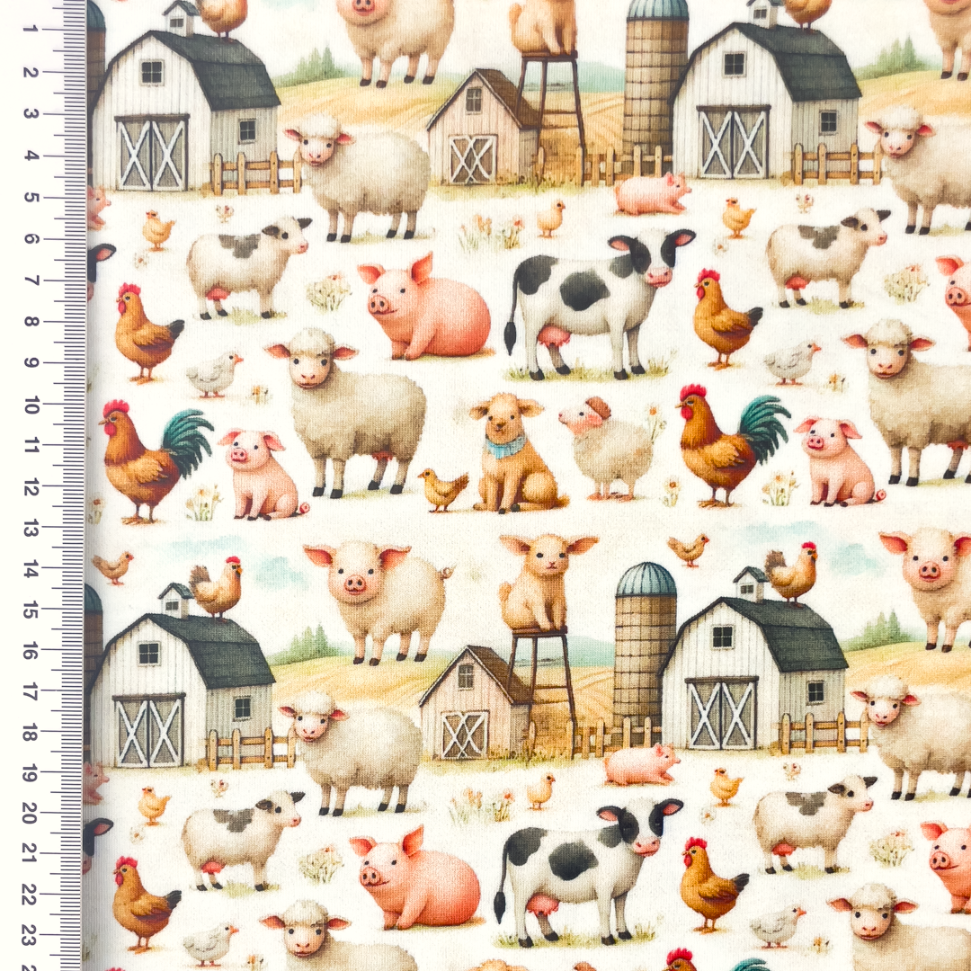 Baumwolljersey Digital mit Bauernhoftieren - creme   