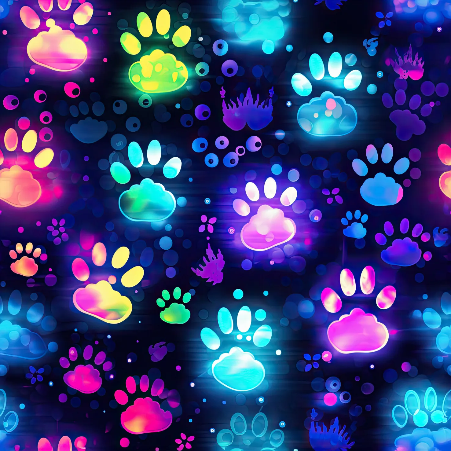Digital bedruckter Sommersweat mit bunten, leuchtenden Pfotenabdrücken in Neonfarben auf dunklem Hintergrund - verspieltes und modernes Design. 