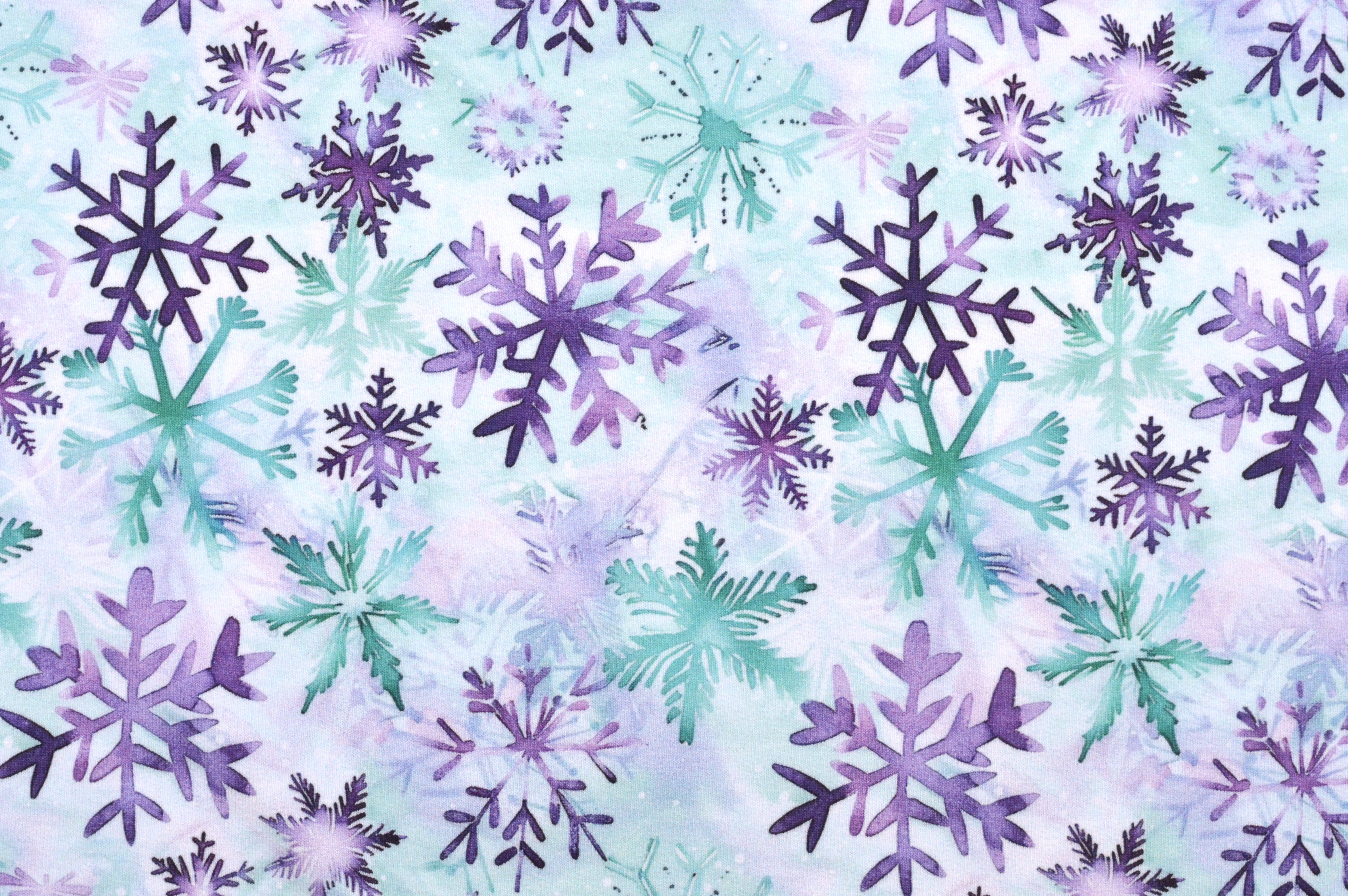 French Terry Digital Eigenproduktion "Snowflakes" mit Schneeflocken - weiß/lila/petrol/mint